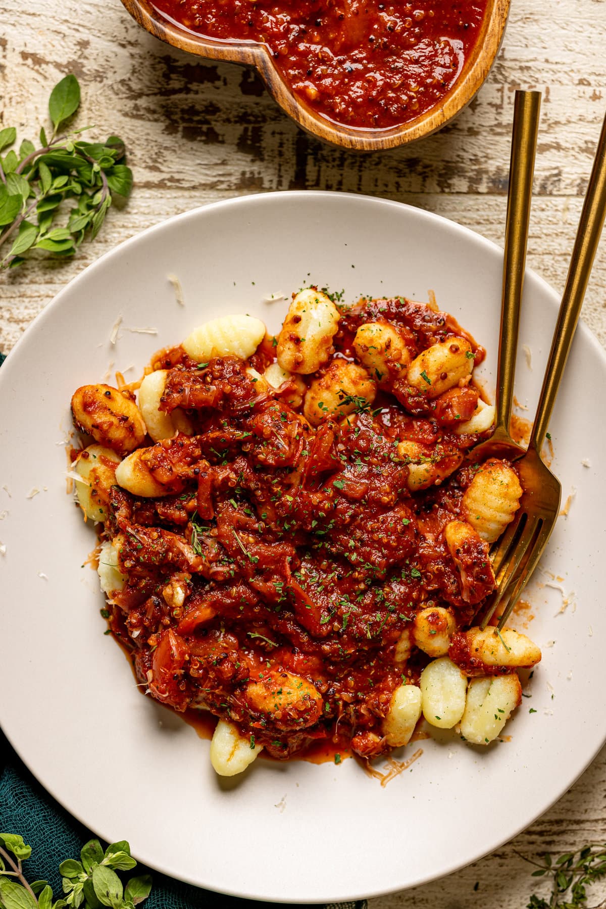 Closeup of Vegan Meat Sauce on Gnocchi 