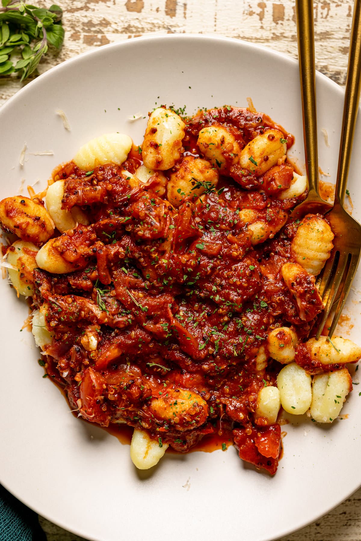 Closeup of Vegan Meat Sauce on Gnocchi 