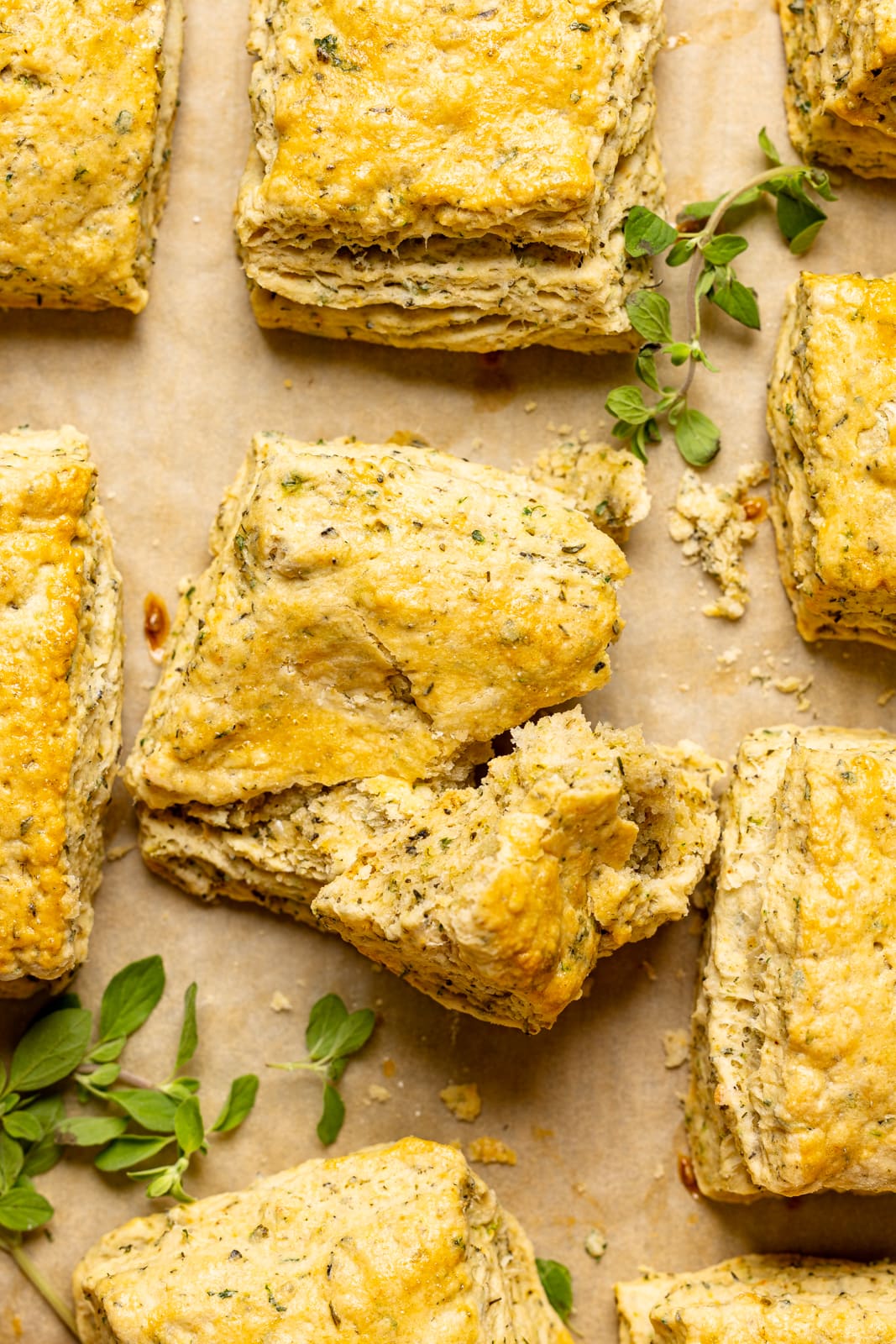 Up close shot of biscuits on a baking sheet with parchment paper with garnish of herbs.