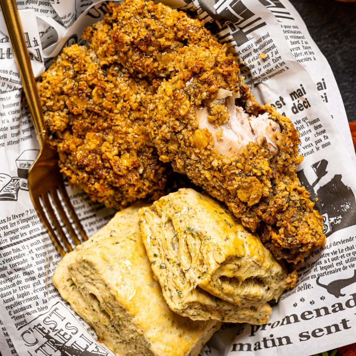 Fried chicken in a food basket with biscuits, a fork, with a red napkin and a side of drink. A classic soul food.