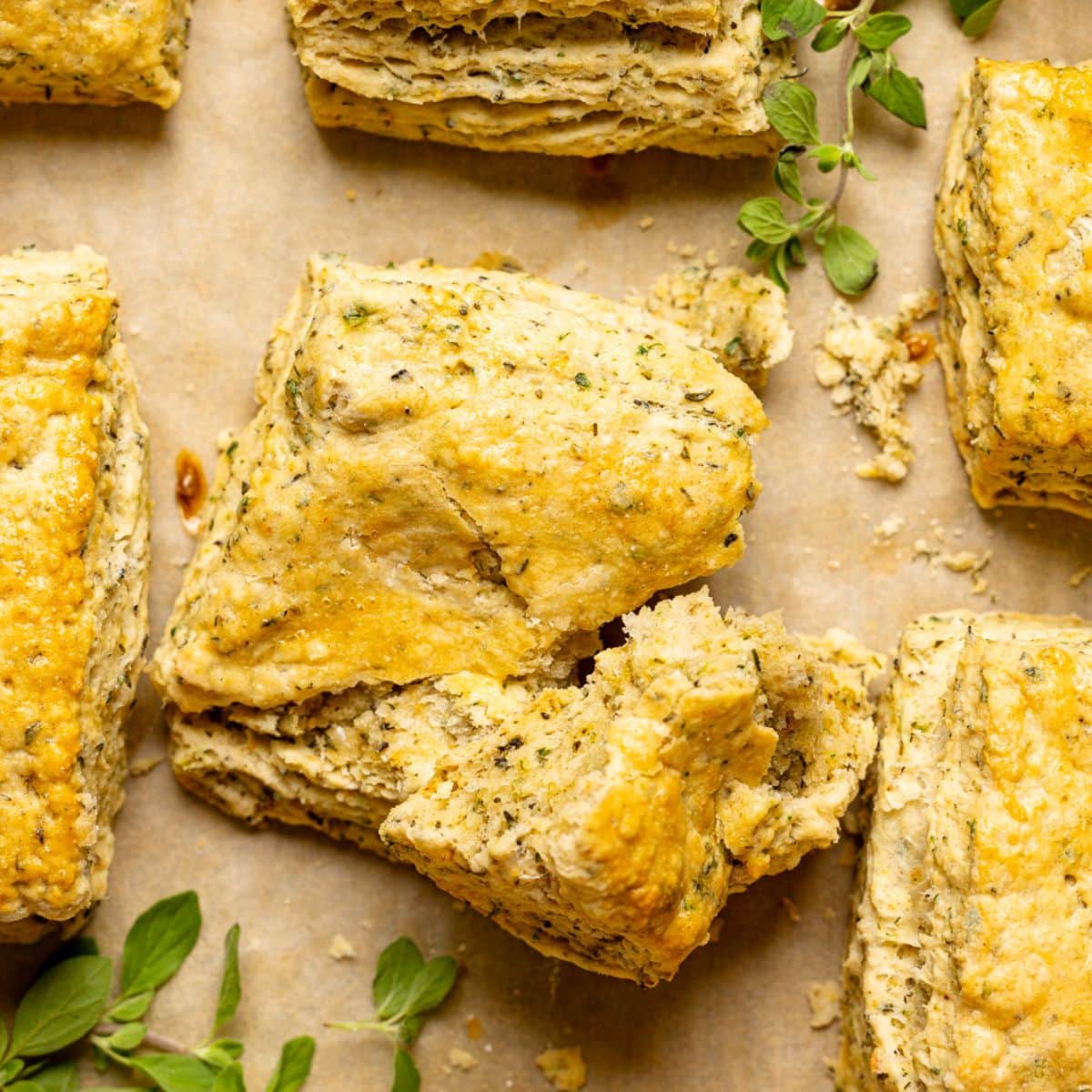 Up close shot of biscuits on a baking sheet with parchment paper with garnish of herbs.