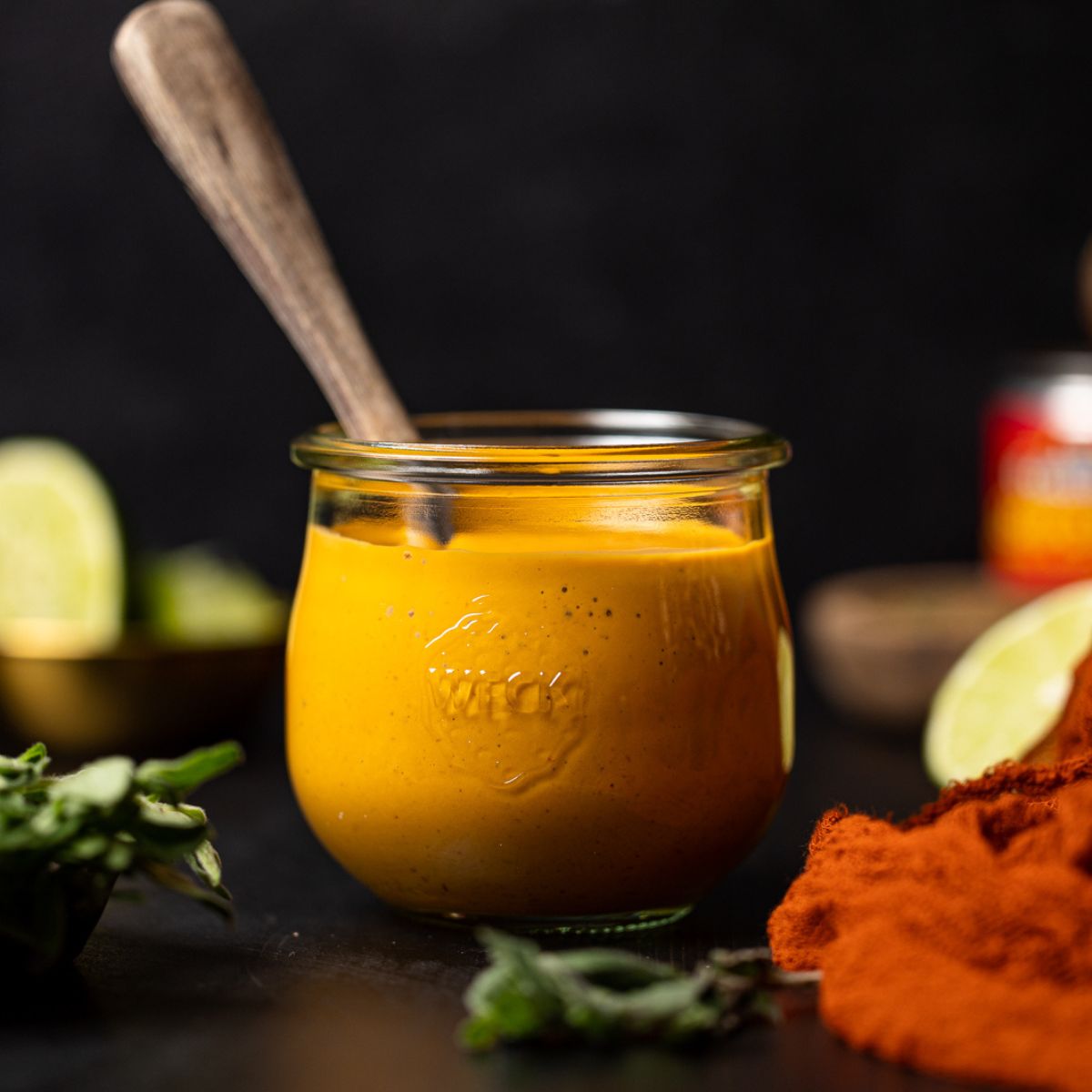 Chipotle sauce in a mason jar with a spoon on a black table with red napkin, lime, and herbs.