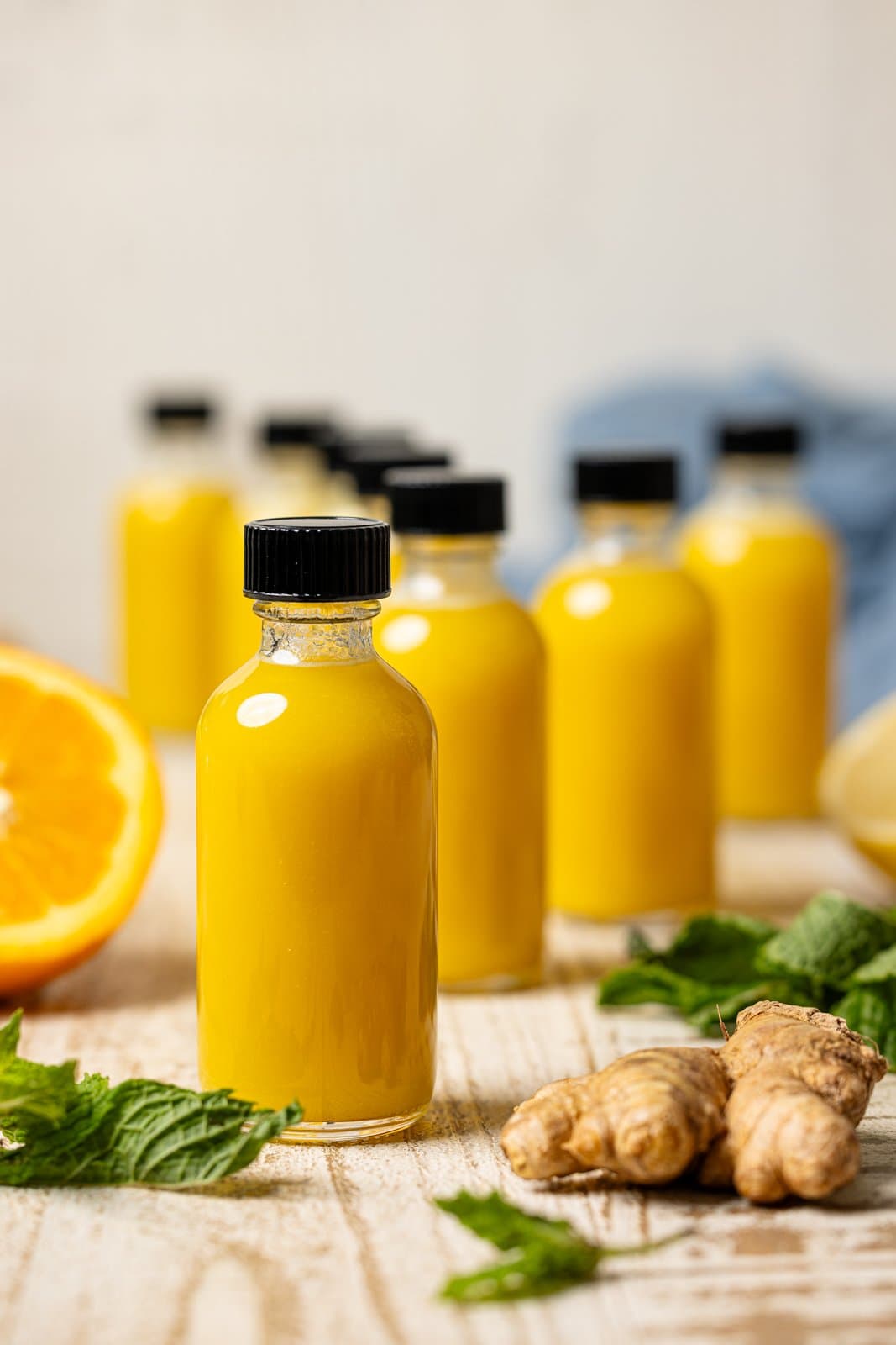 Bottled detox juices in mini bottles.