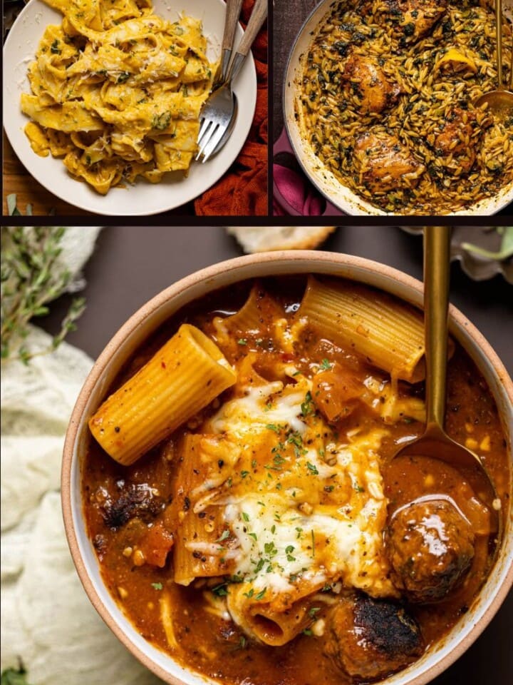 Collage Image of roundup of pasta recipes.