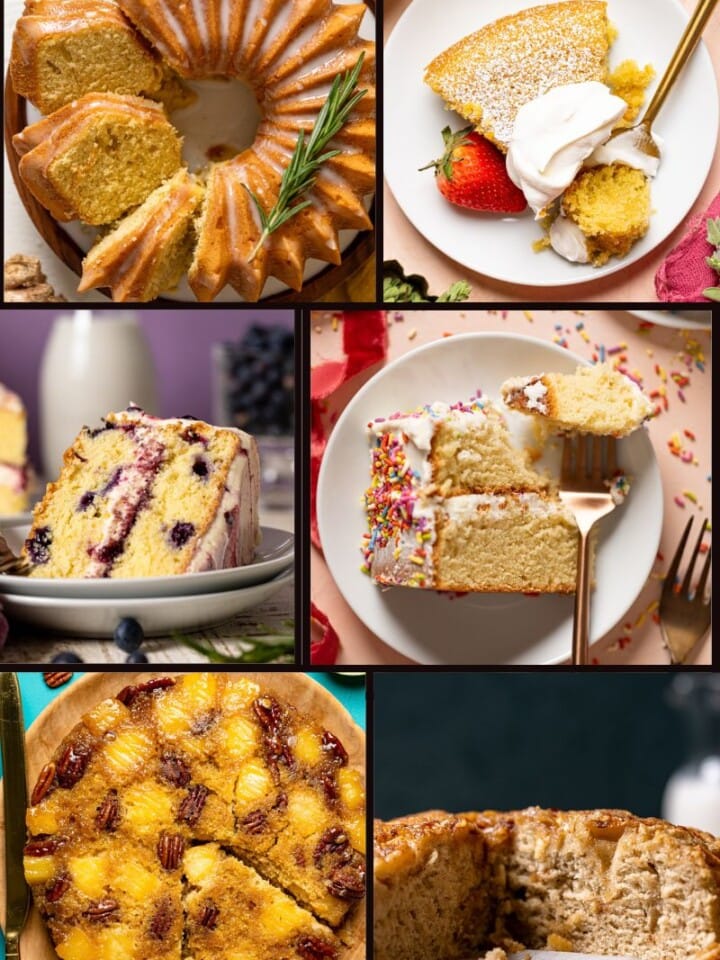 Photo collage of different varieties of cake flavors and recipes.