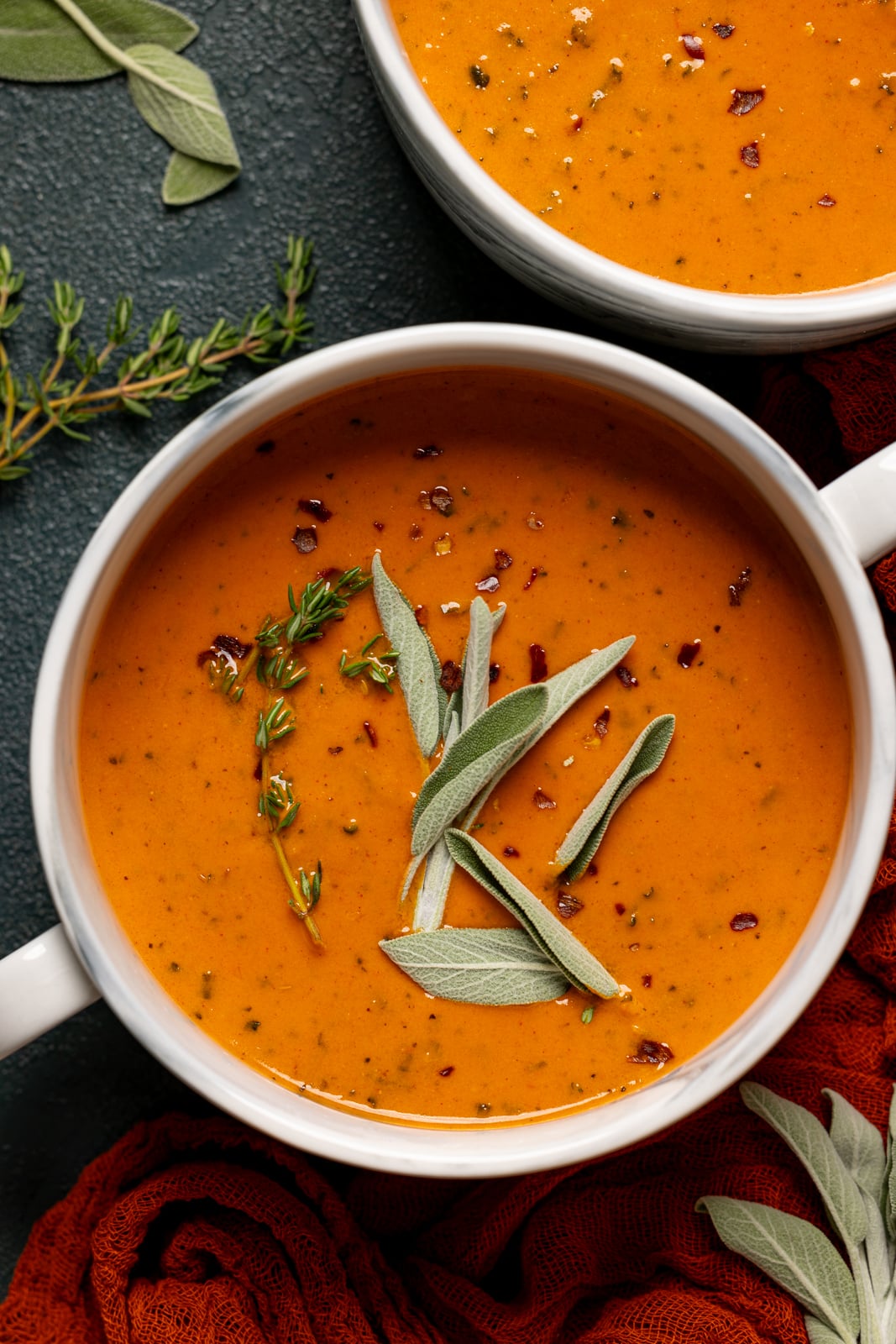 Creamy Roasted Red Pepper + Tomato Soup