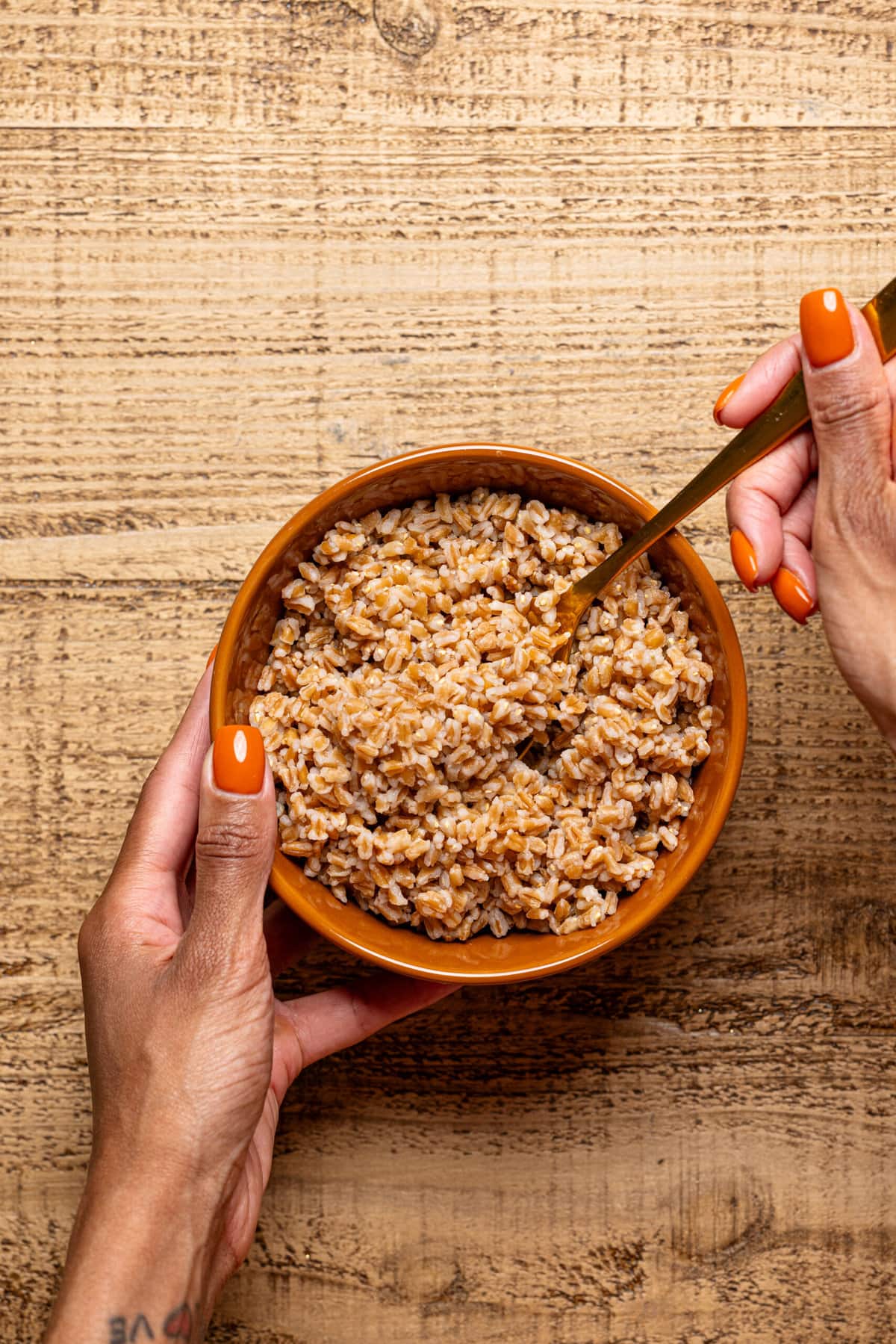 Bowl of cooked farro being held with a spoon.