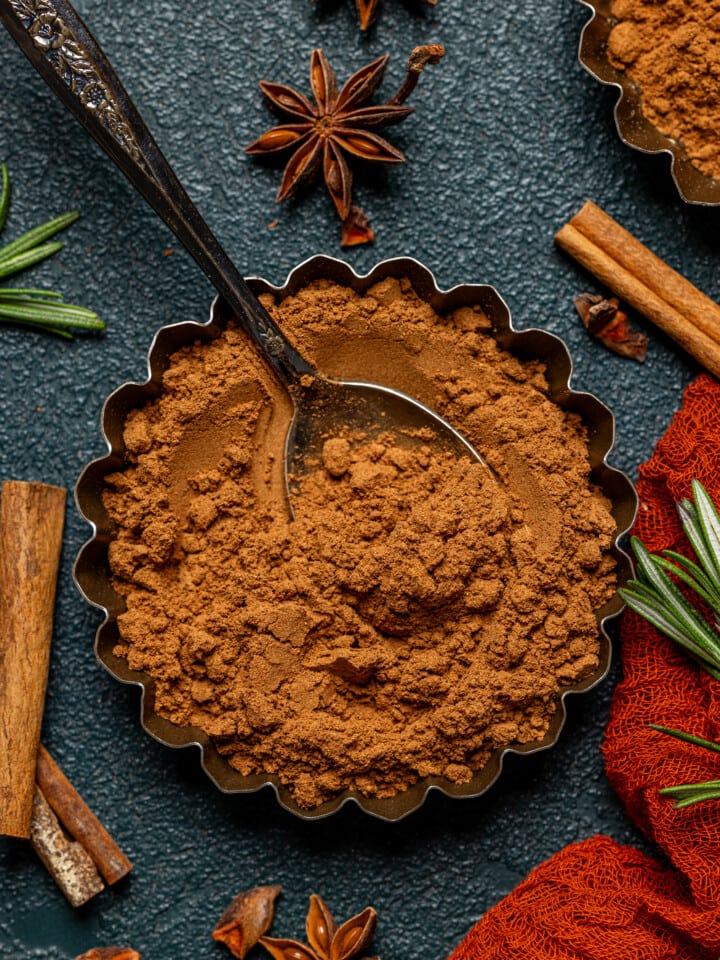 Up close shot of pumpkin spice in a tin with a spoon.