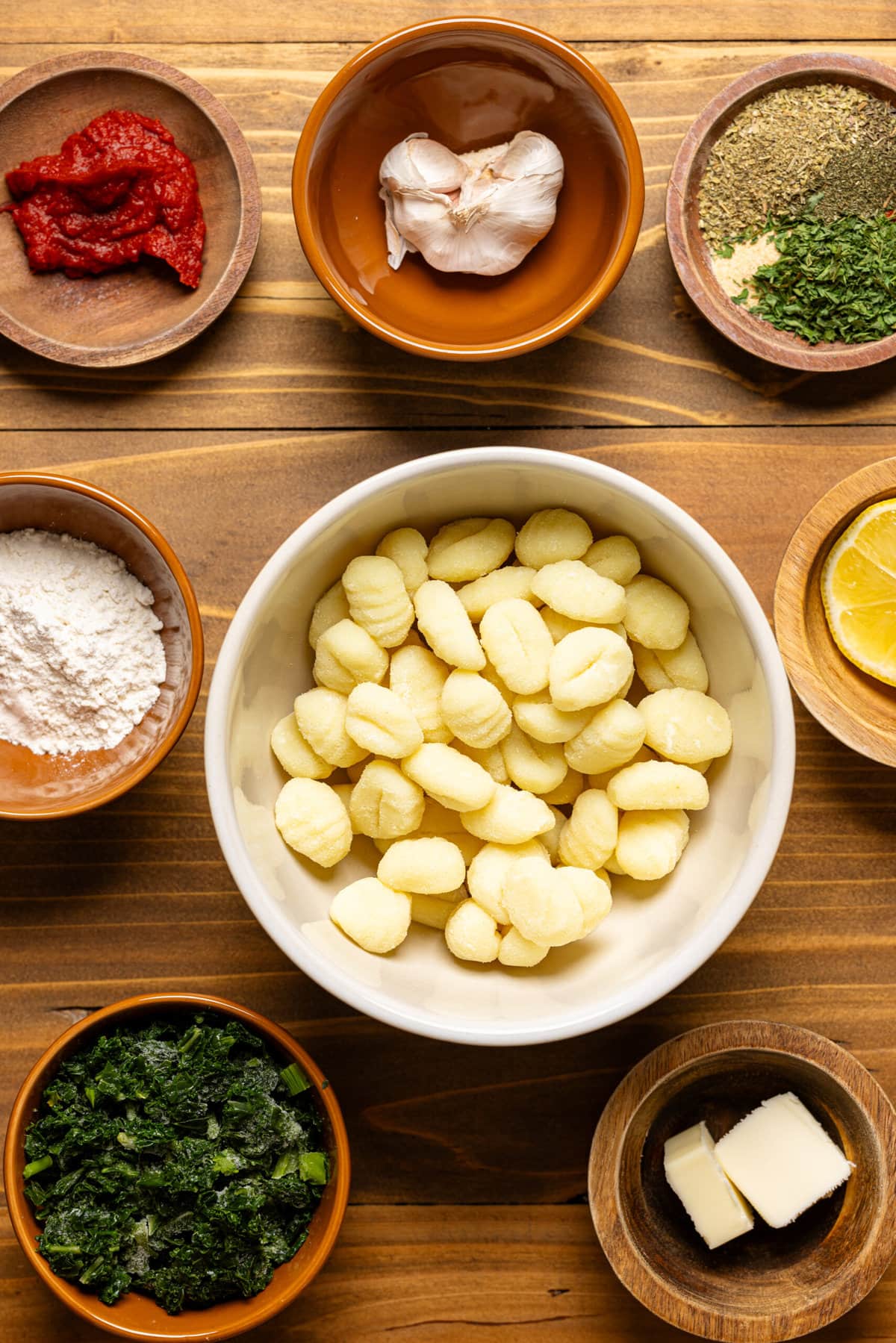 Ingredients on a brown wood table.