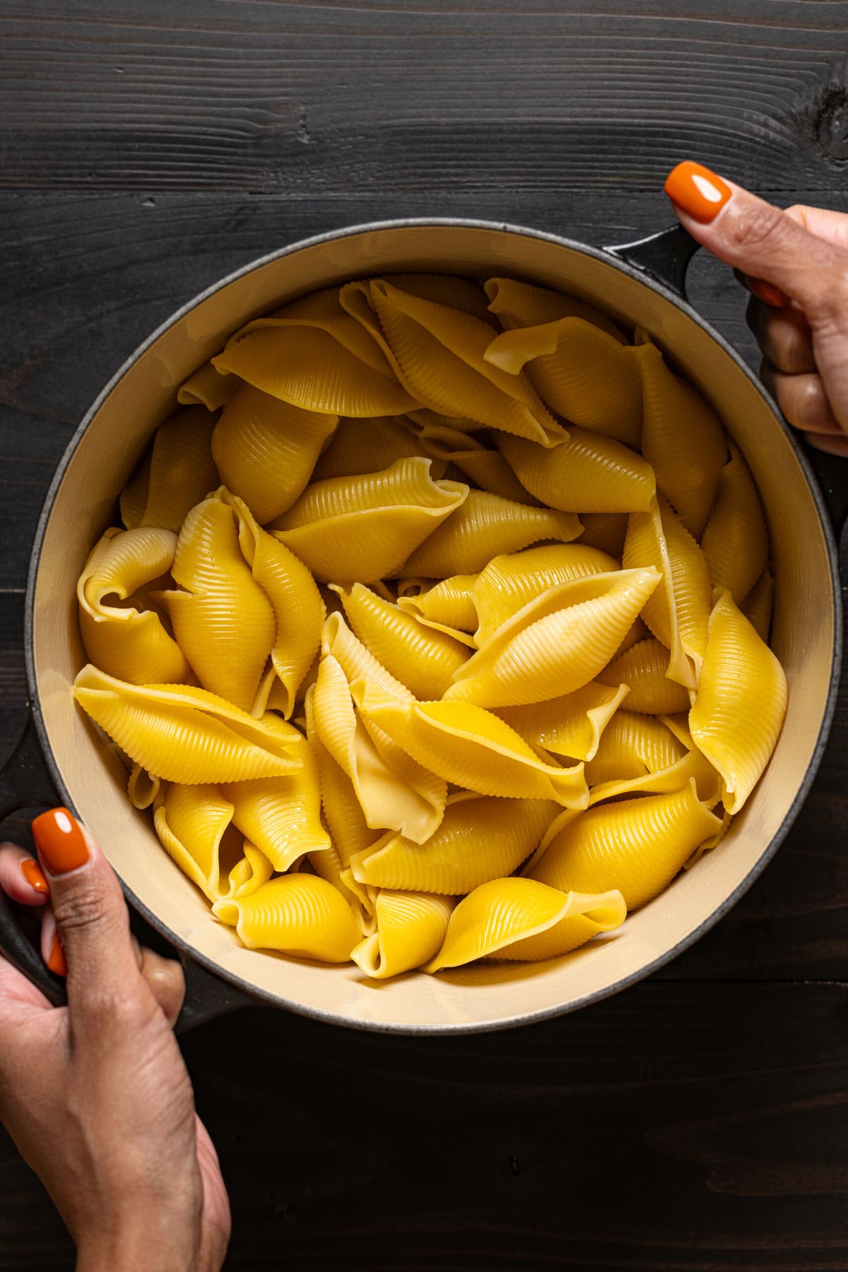Cooked pasta shells in a pot being held.