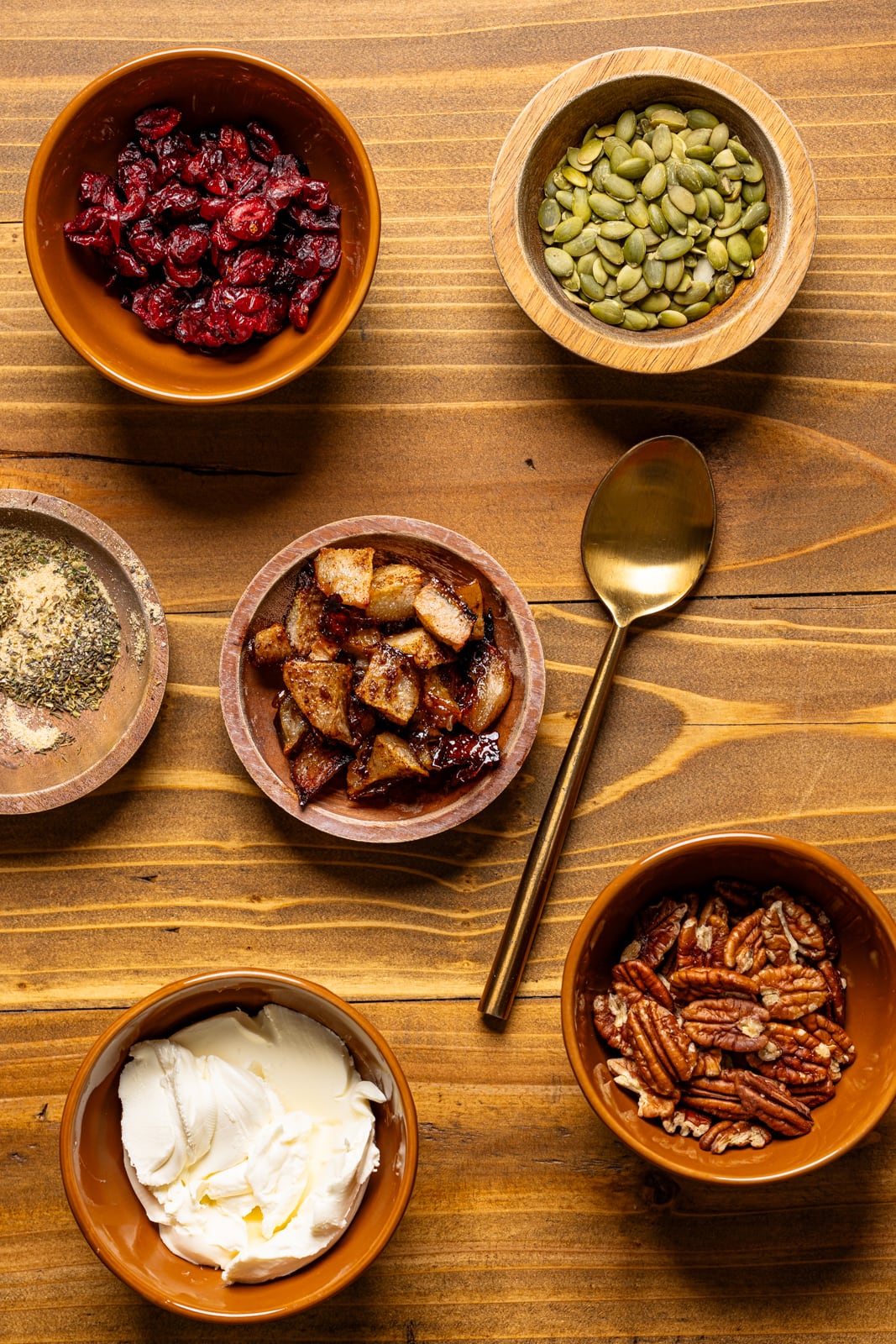 Ingredients on a brown wood table.