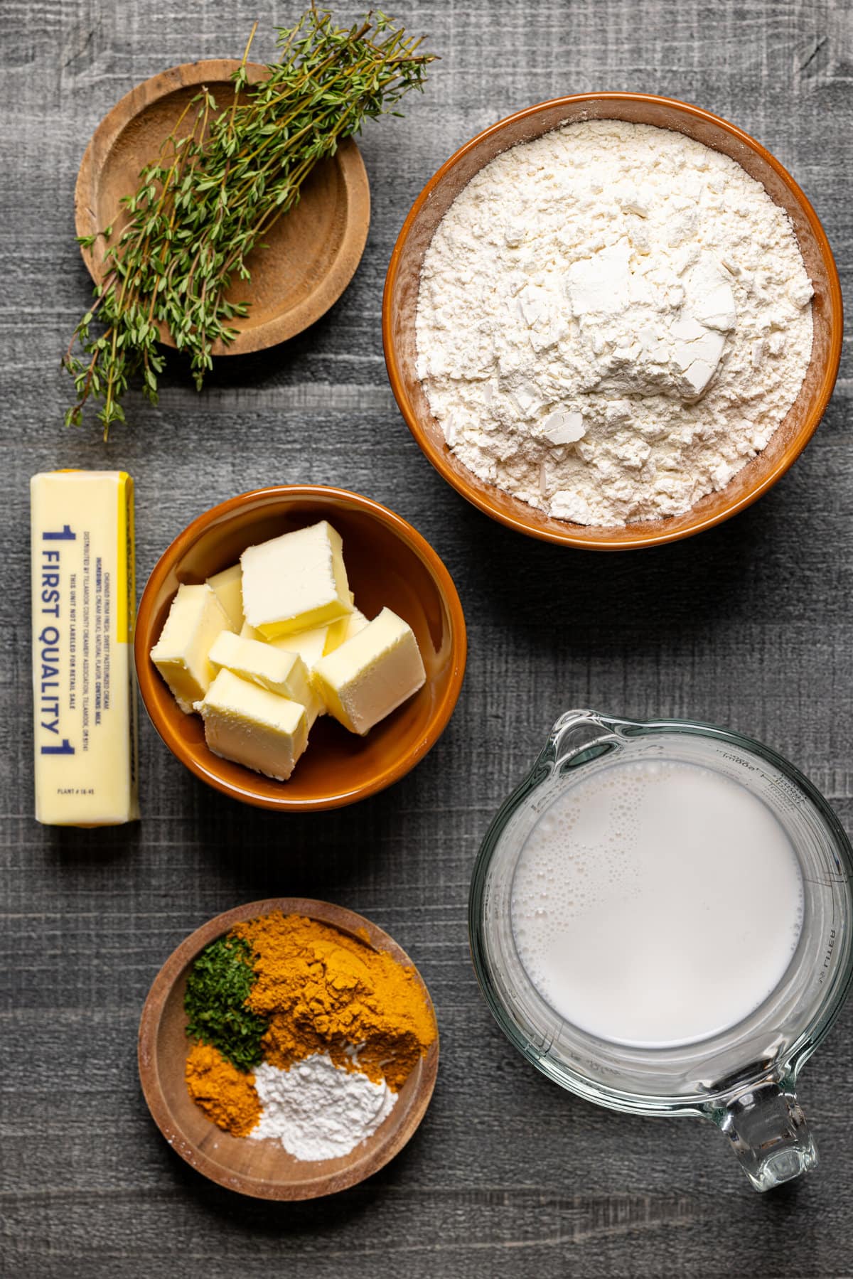 Ingredients on a grey wood table.