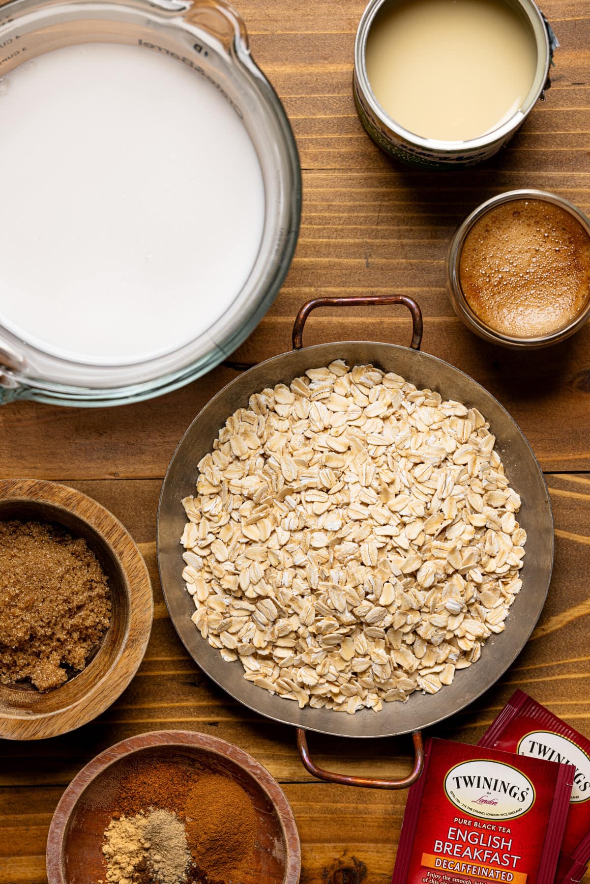 Ingredients on a brown wood table.