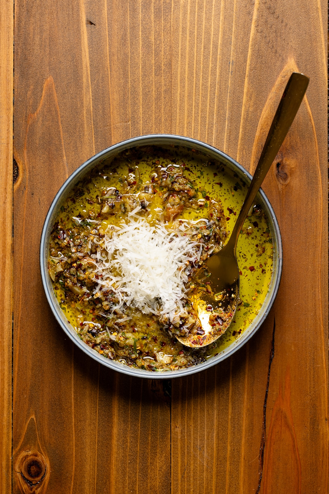 All ingredients in a bowl with a spoon.