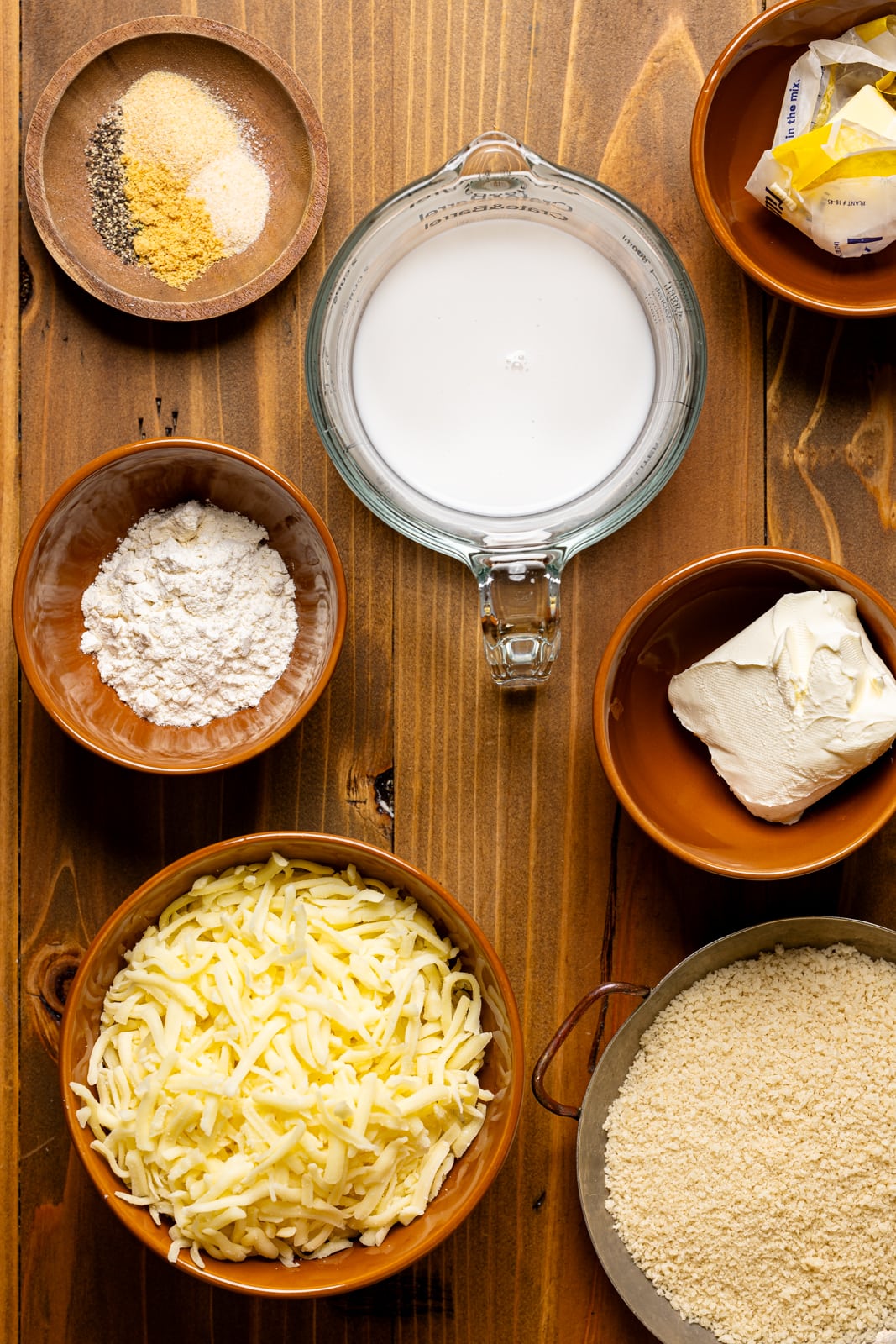 Ingredients on a brown wood table.