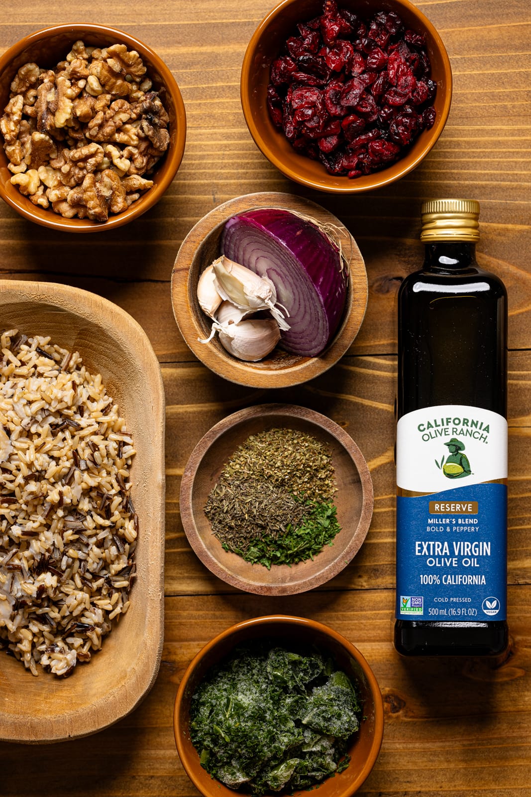 Ingredients on a brown wood table. 