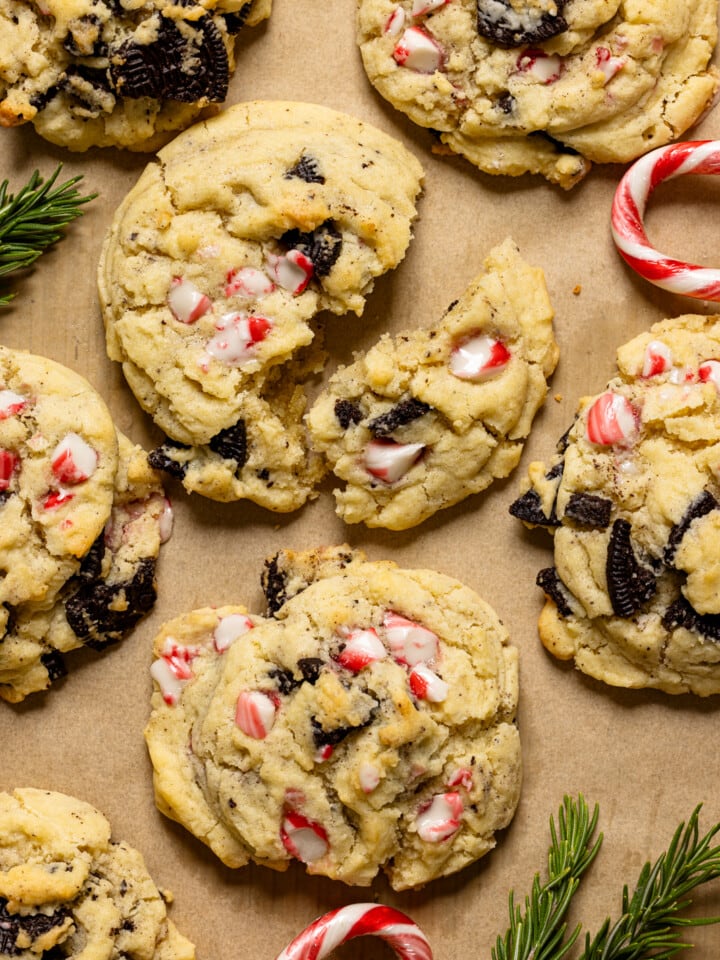 Up close shot of baked cookies with candy canes.