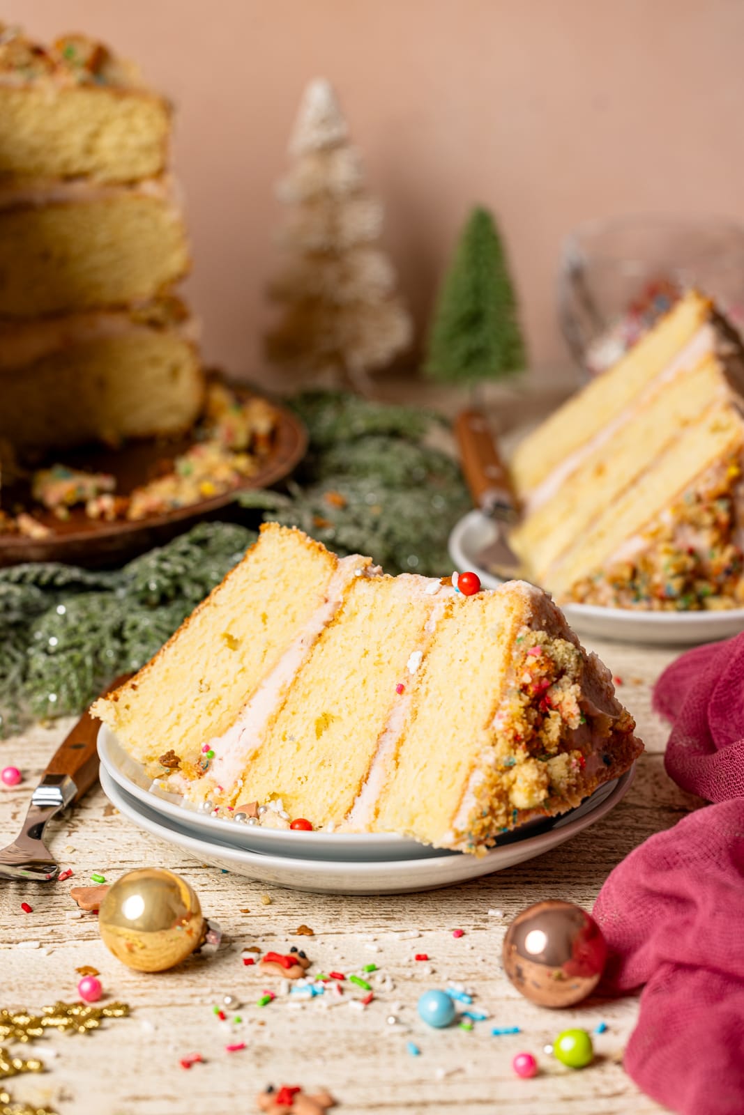 Up close shot of cake slice on a white plate. 