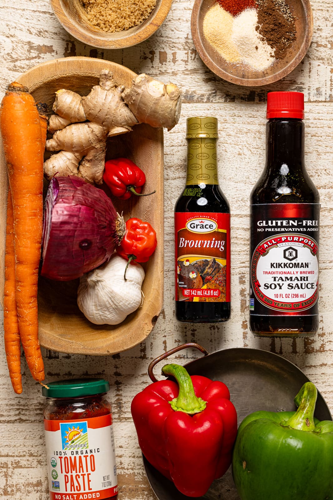 Ingredients on a white wood table.