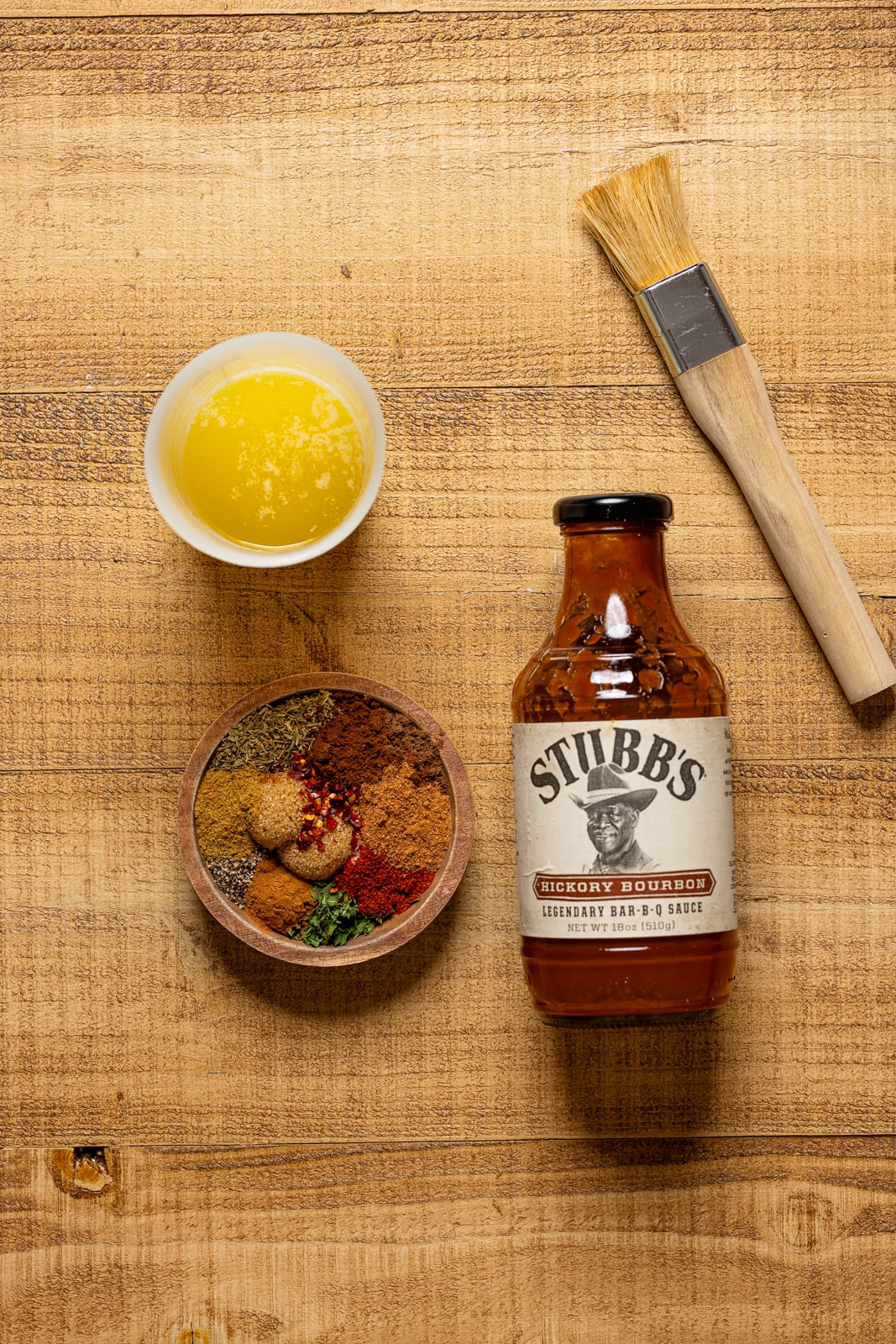 Ingredients on a brown wood table.