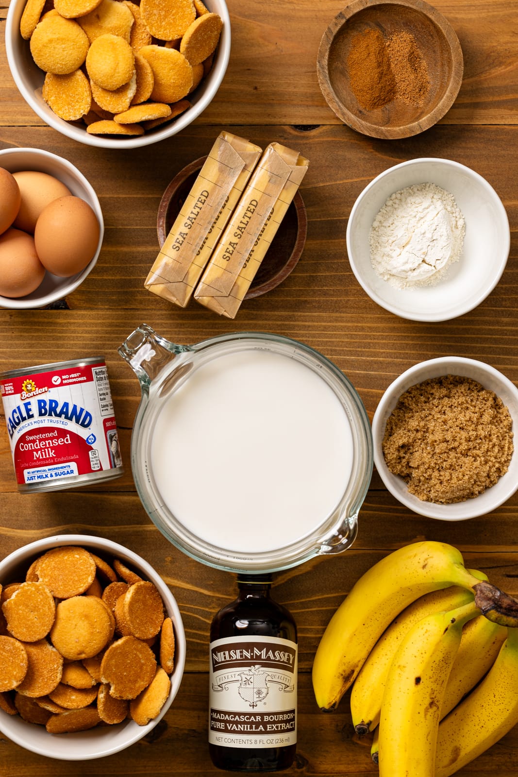 Ingredients on a brown wood table.