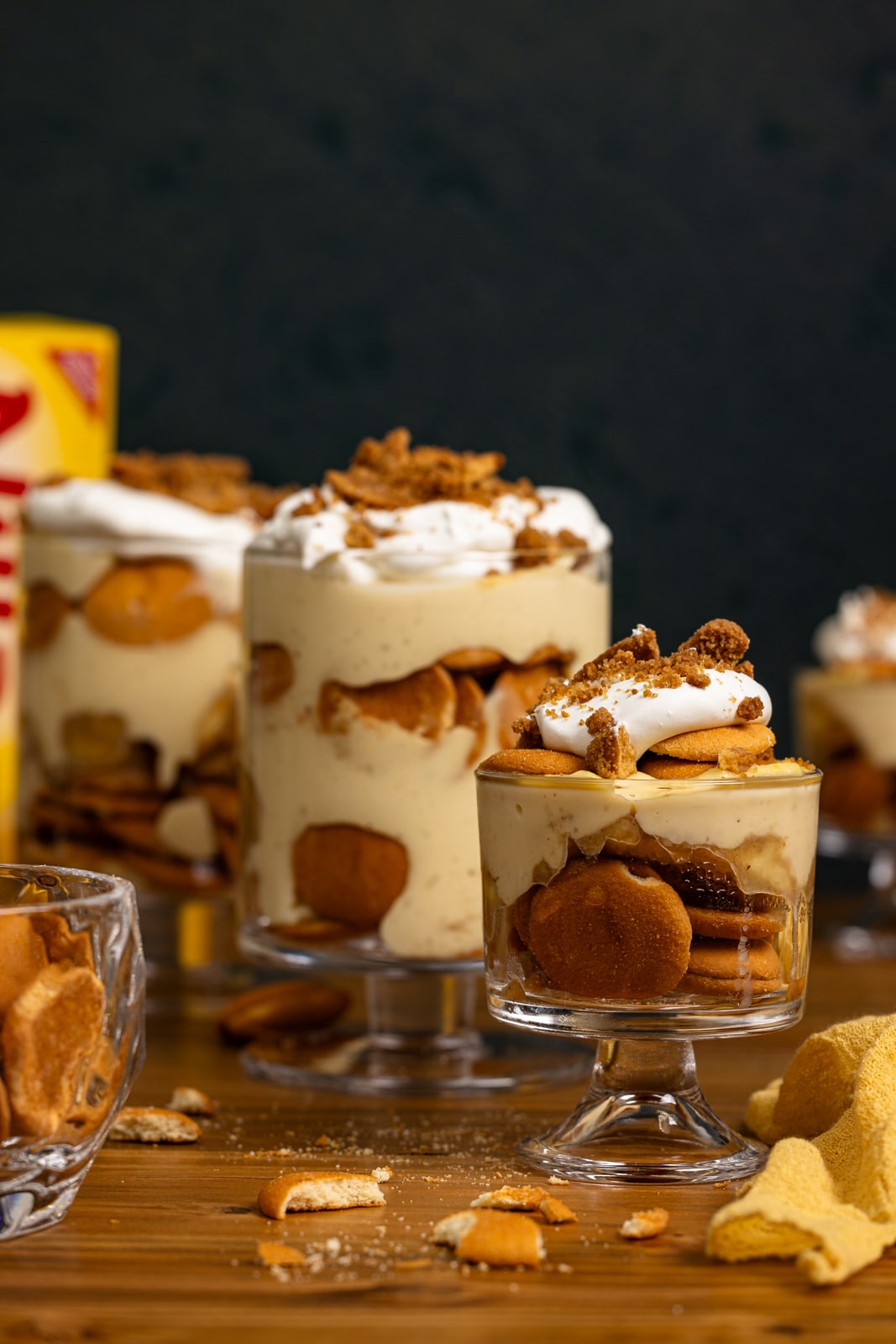 Trifles of banana pudding with vanilla wafers. 