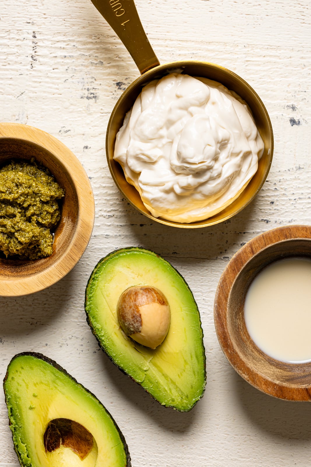 Ingredients on a white wood table. 