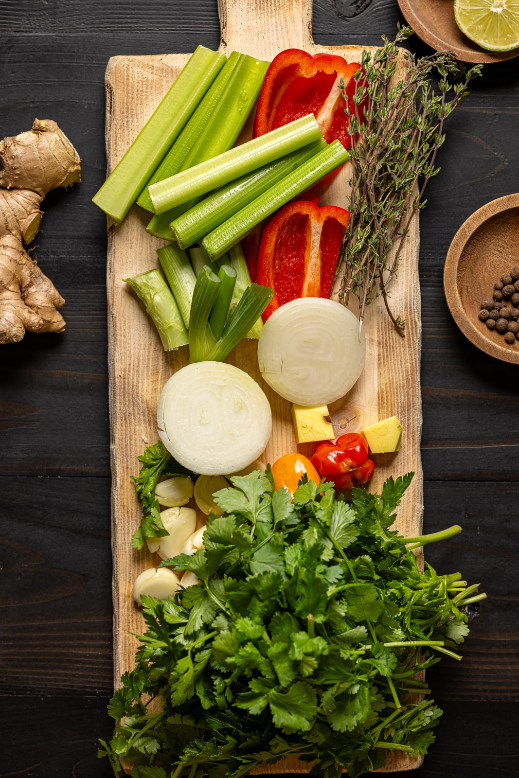 Chopped veggies on a cutting board.