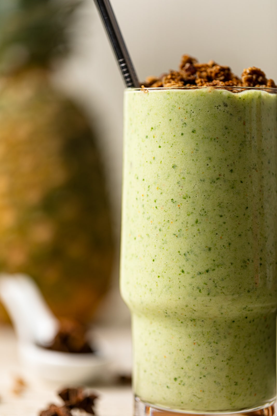 Up close shot of smoothie in a glass.