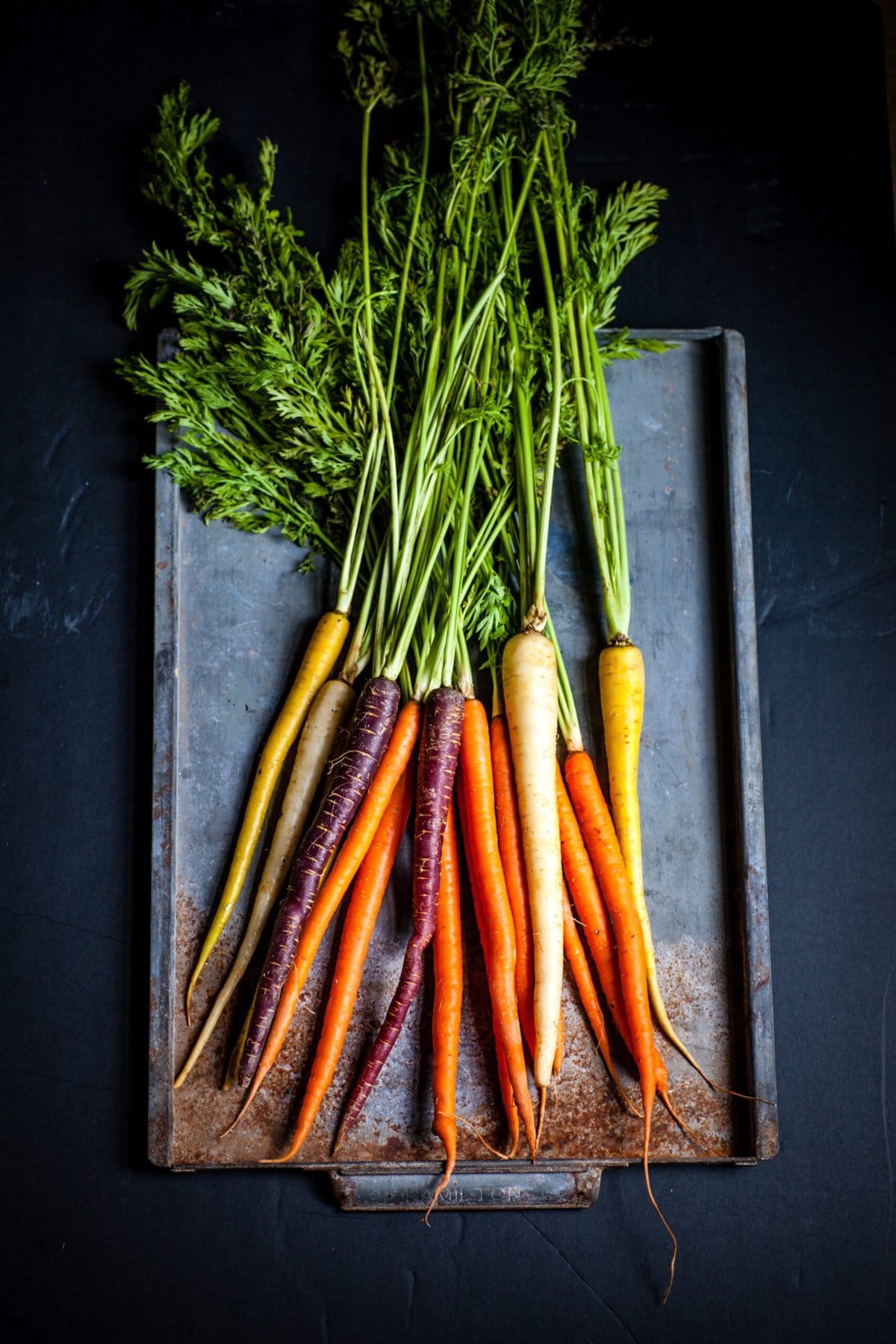 Multi-colored carrots on gray counter top.