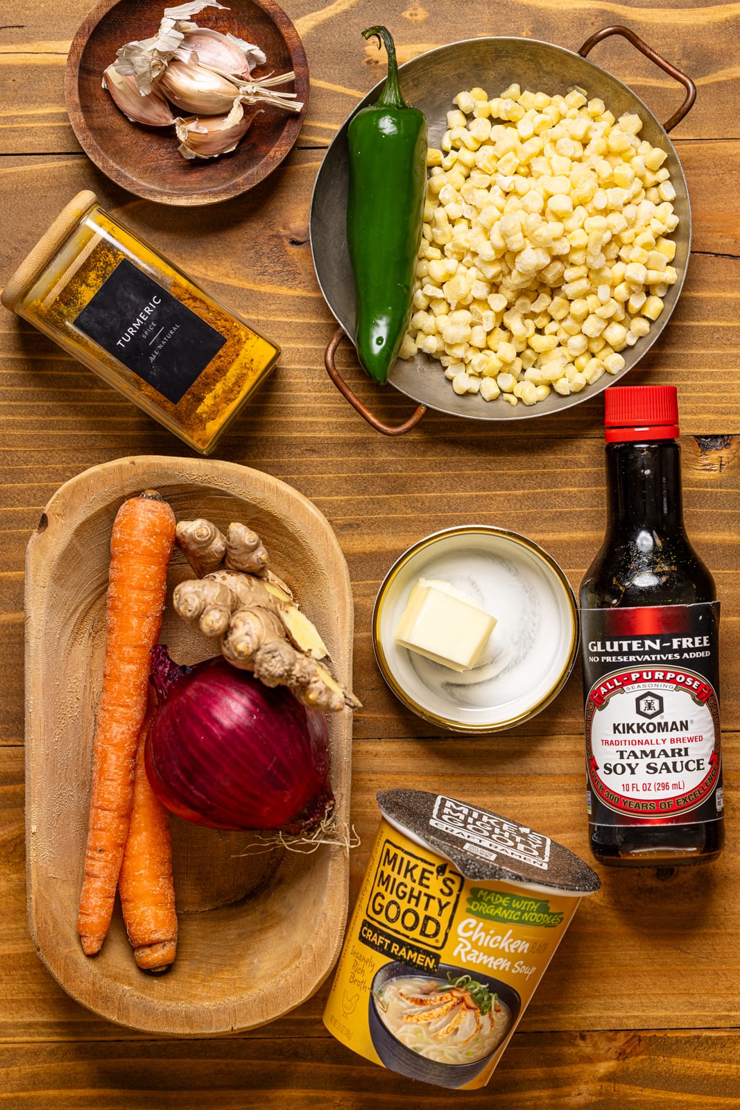 Ingredients on a brown wood table.