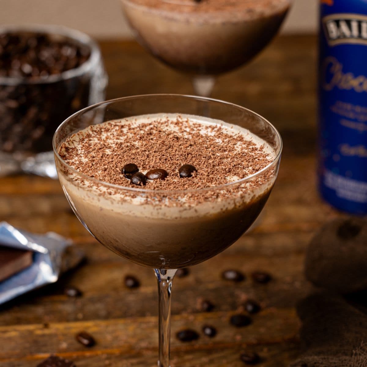 Up close shot of espresso martinis in a glass.