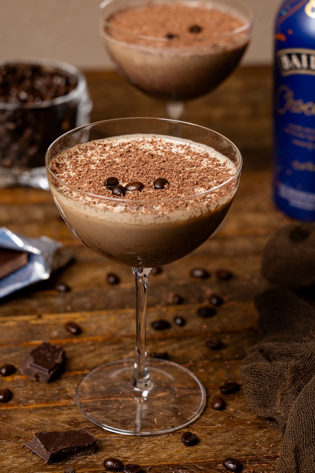 Up close shot of espresso martinis in a glass.