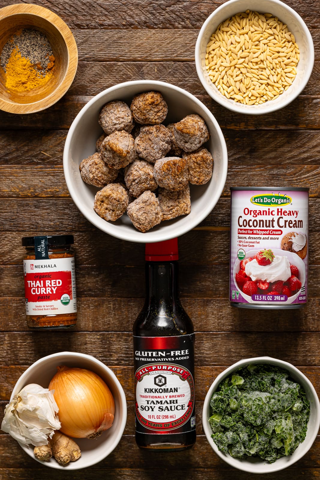 Ingredients on a brown wood table.