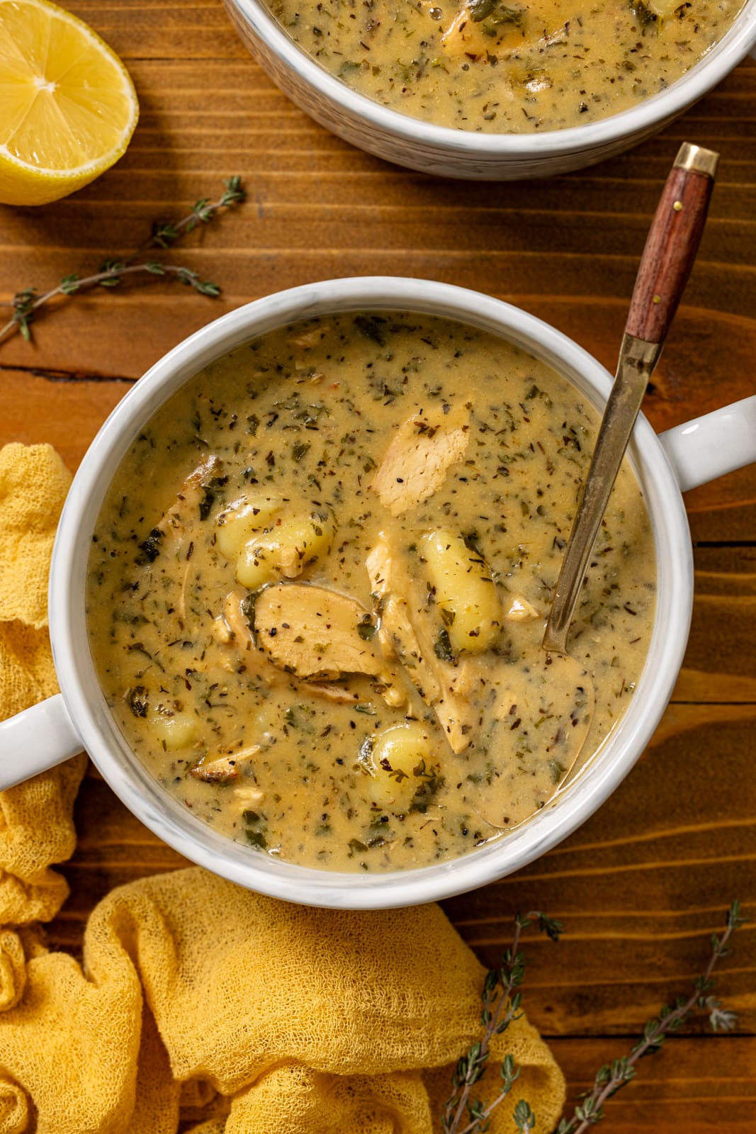 Up close shot of bowl of creamy soup.