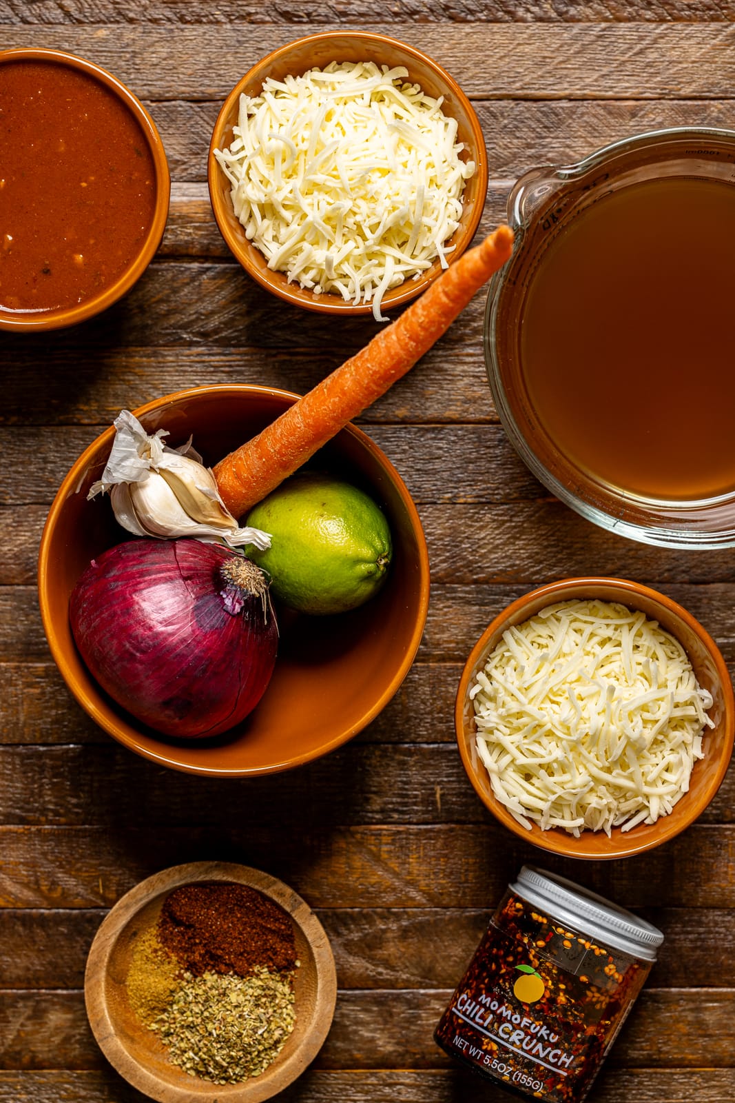 Ingredients on a brown wood table.