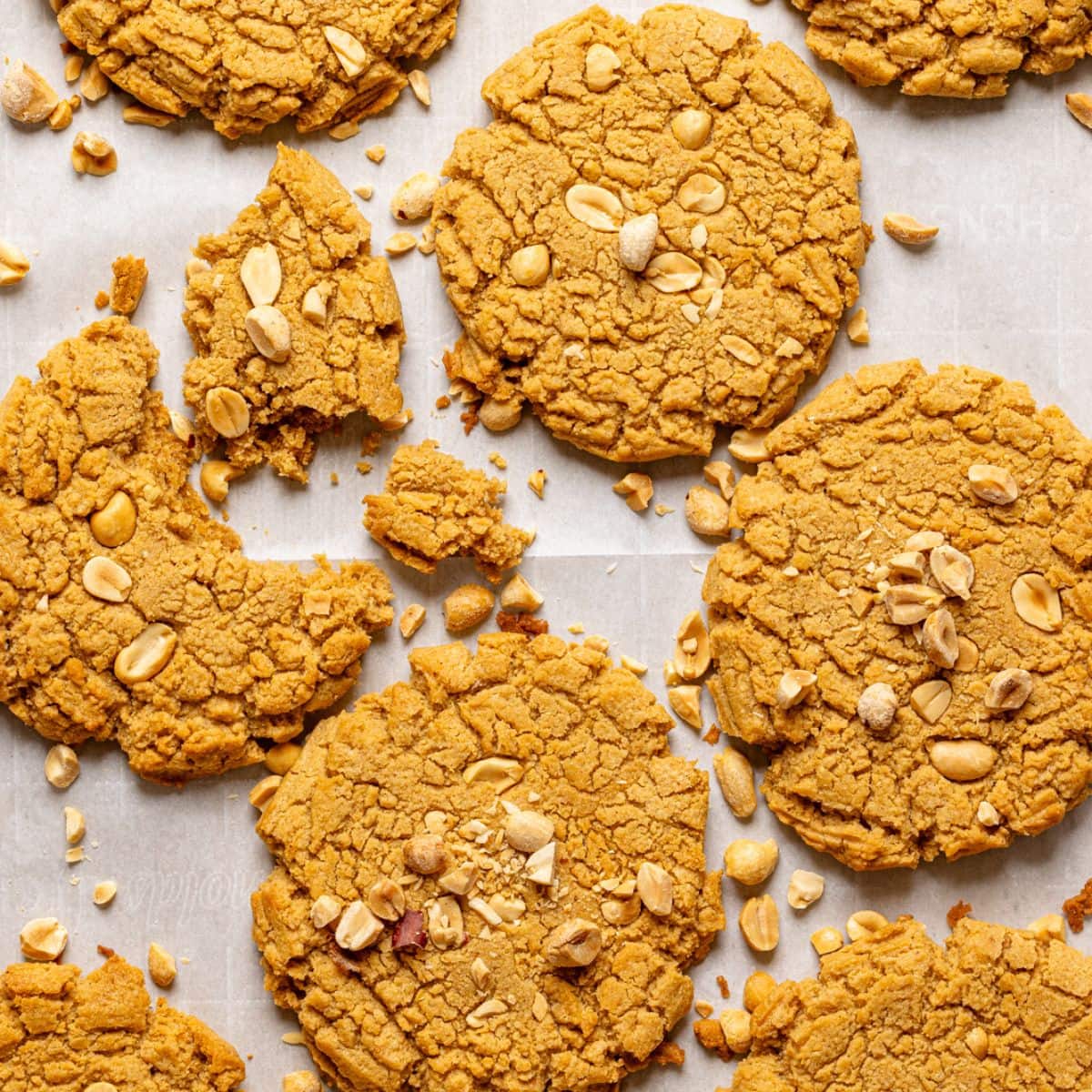 Cookies baked on a baking sheet with parchment paper.