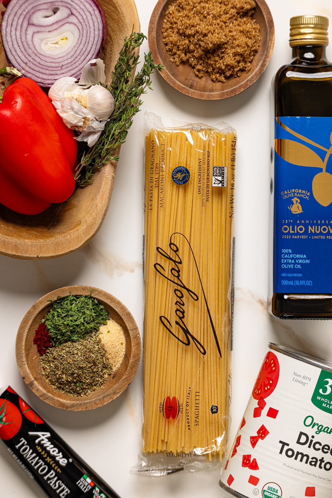 Ingredients on a marble white table.