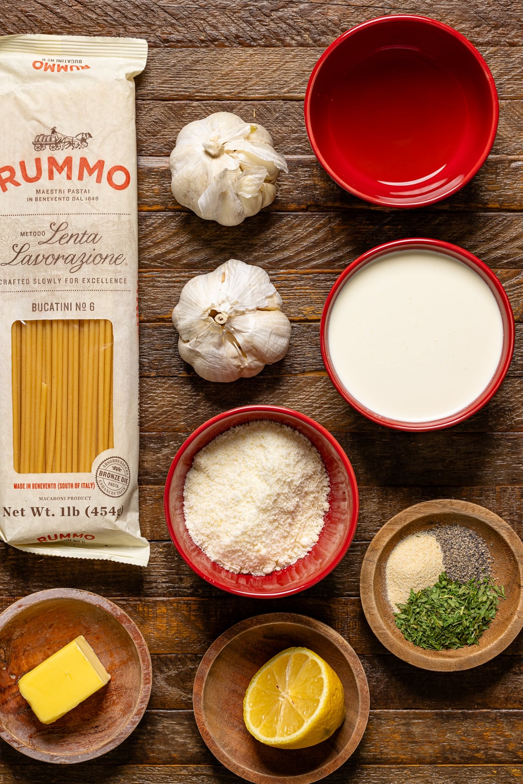 Ingredients on a brown wood table.