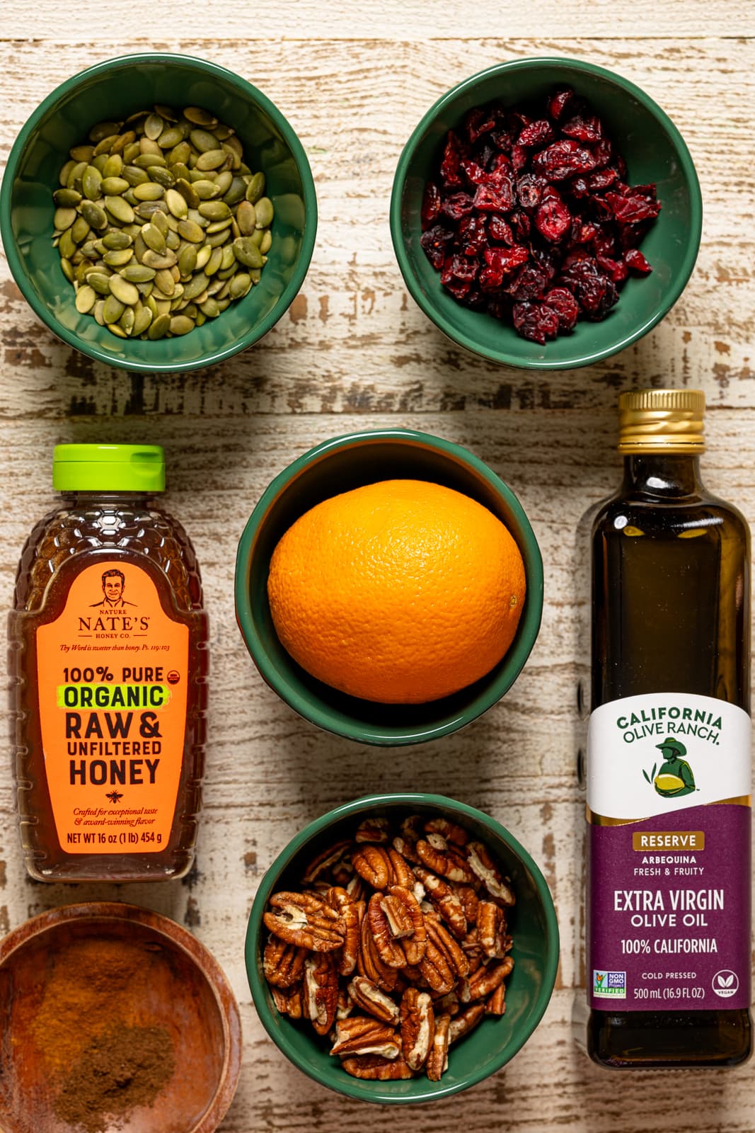 Ingredients on a white wood table.