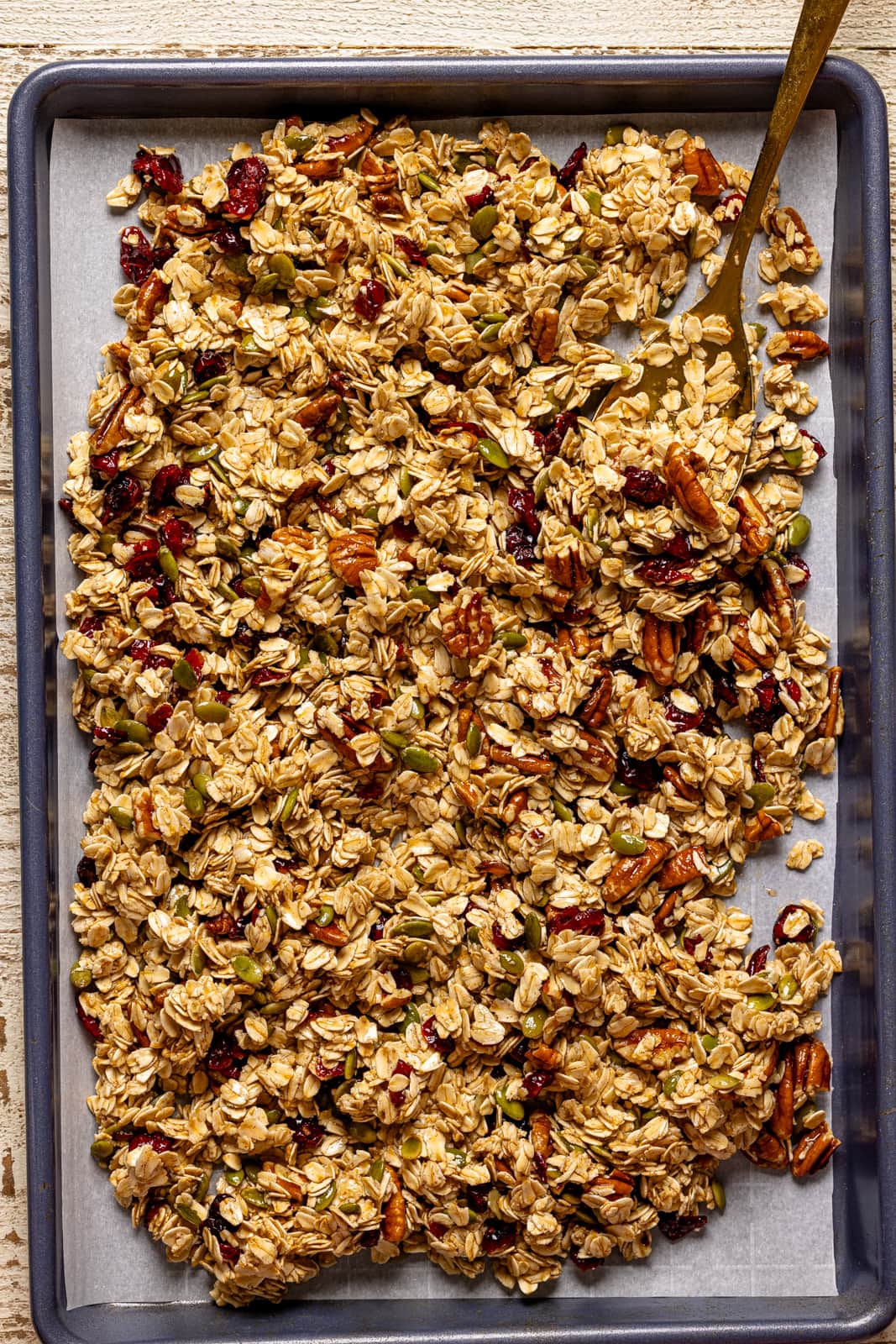 All ingredients on a baking sheet with parchment. 