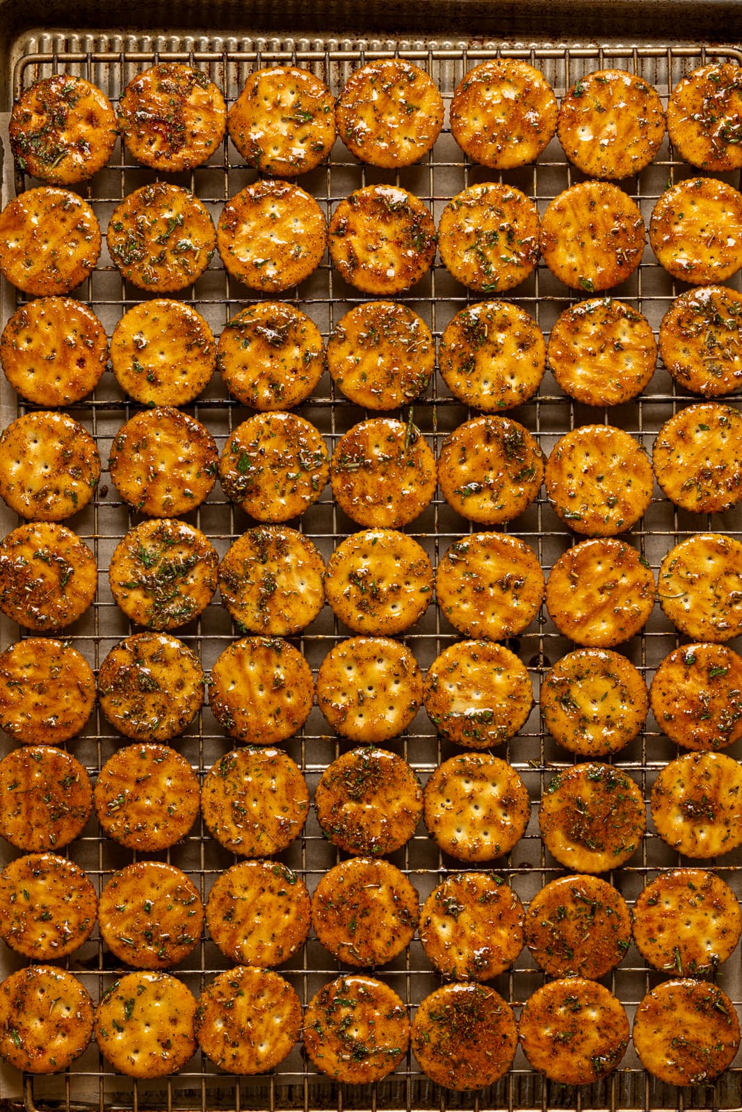 All seasoned crackers lined on a baking sheet with wire rack.