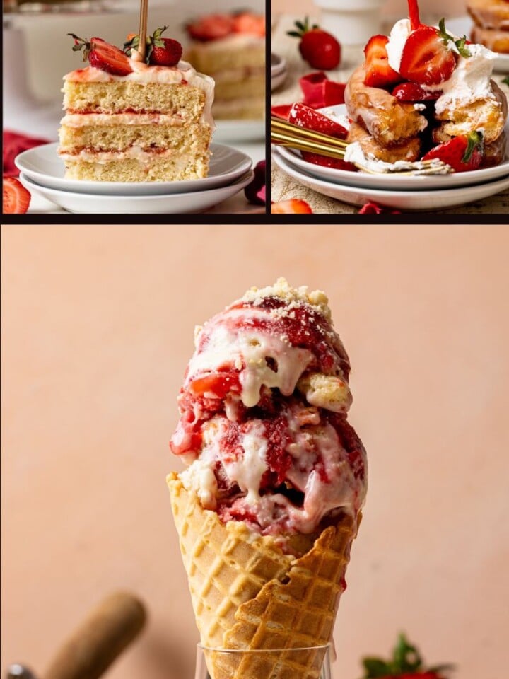 Collage of strawberry desserts.