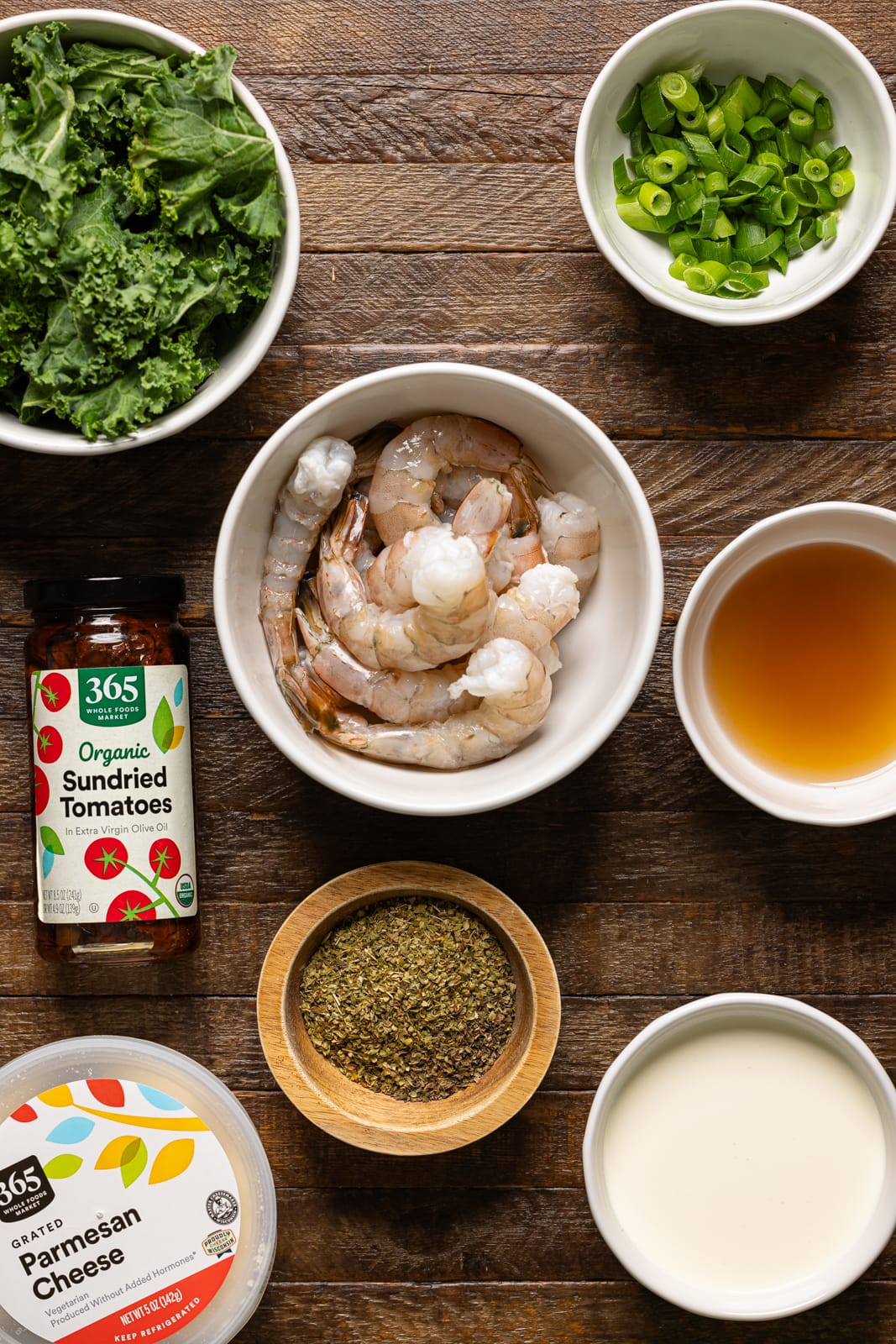 Ingredients on a brown wood table.