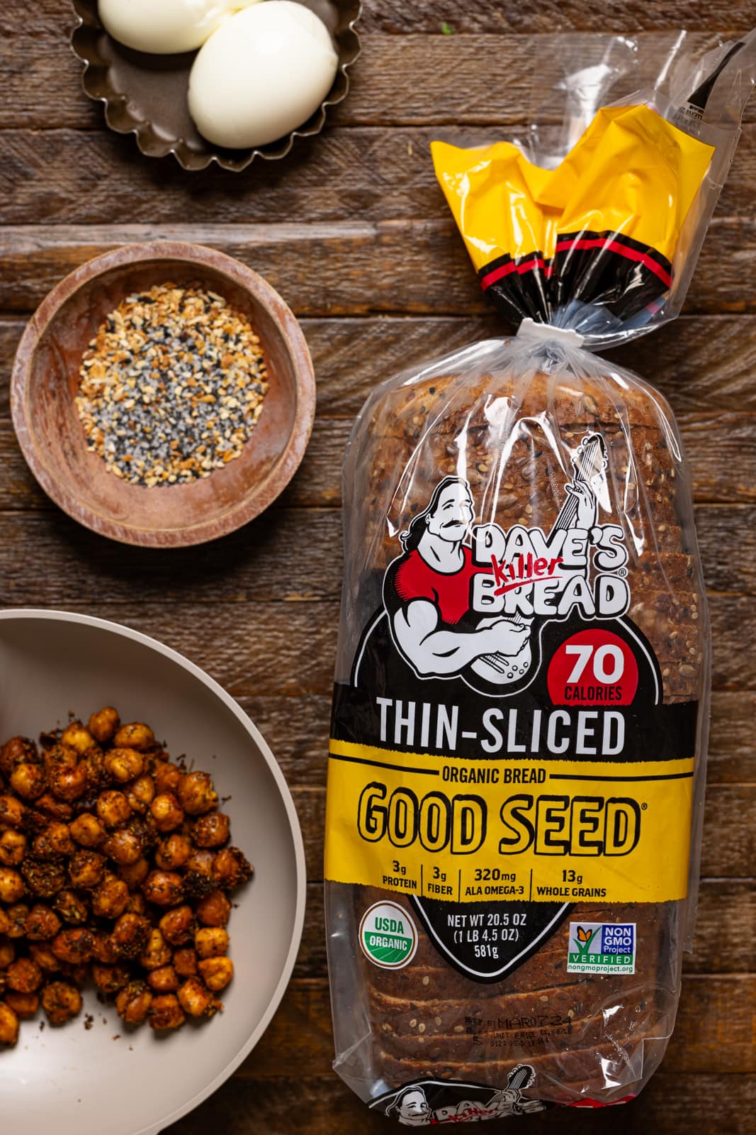 Ingredients on a brown wood table.