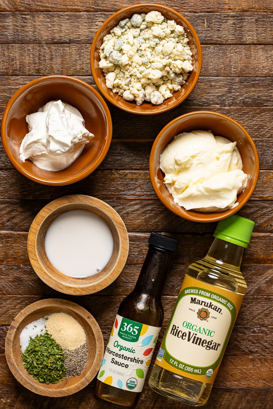 Ingredients on a brown wood table.