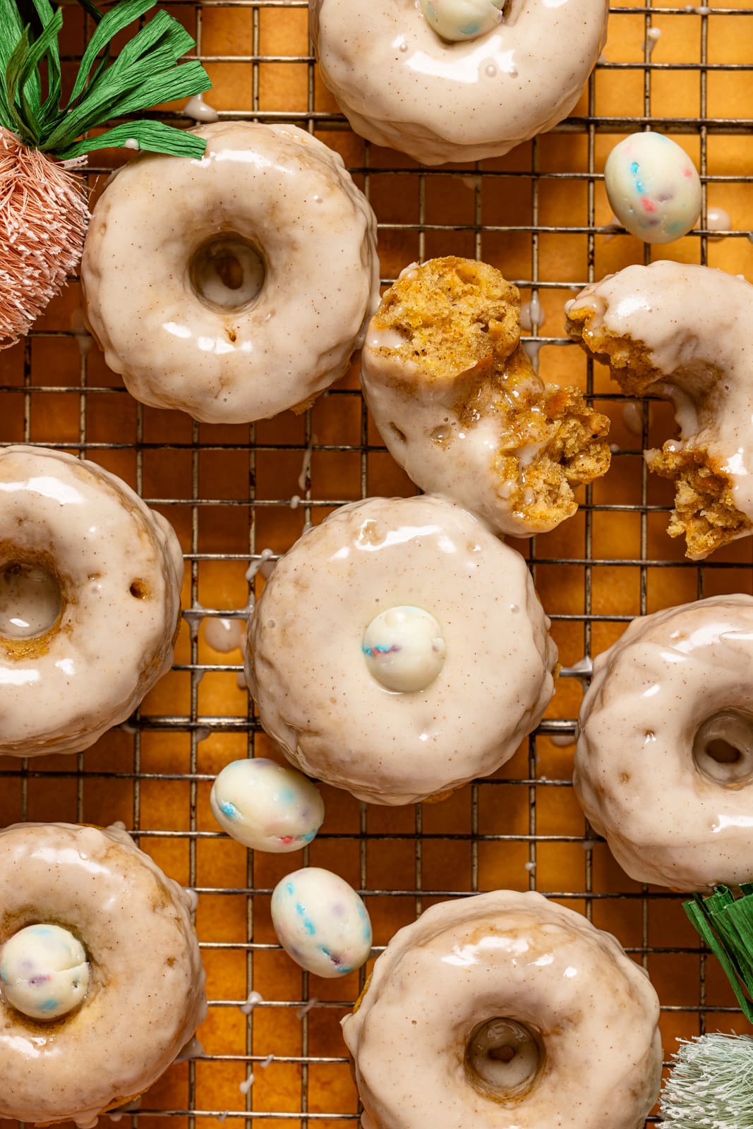 Up close shot of donuts with Easter decor.