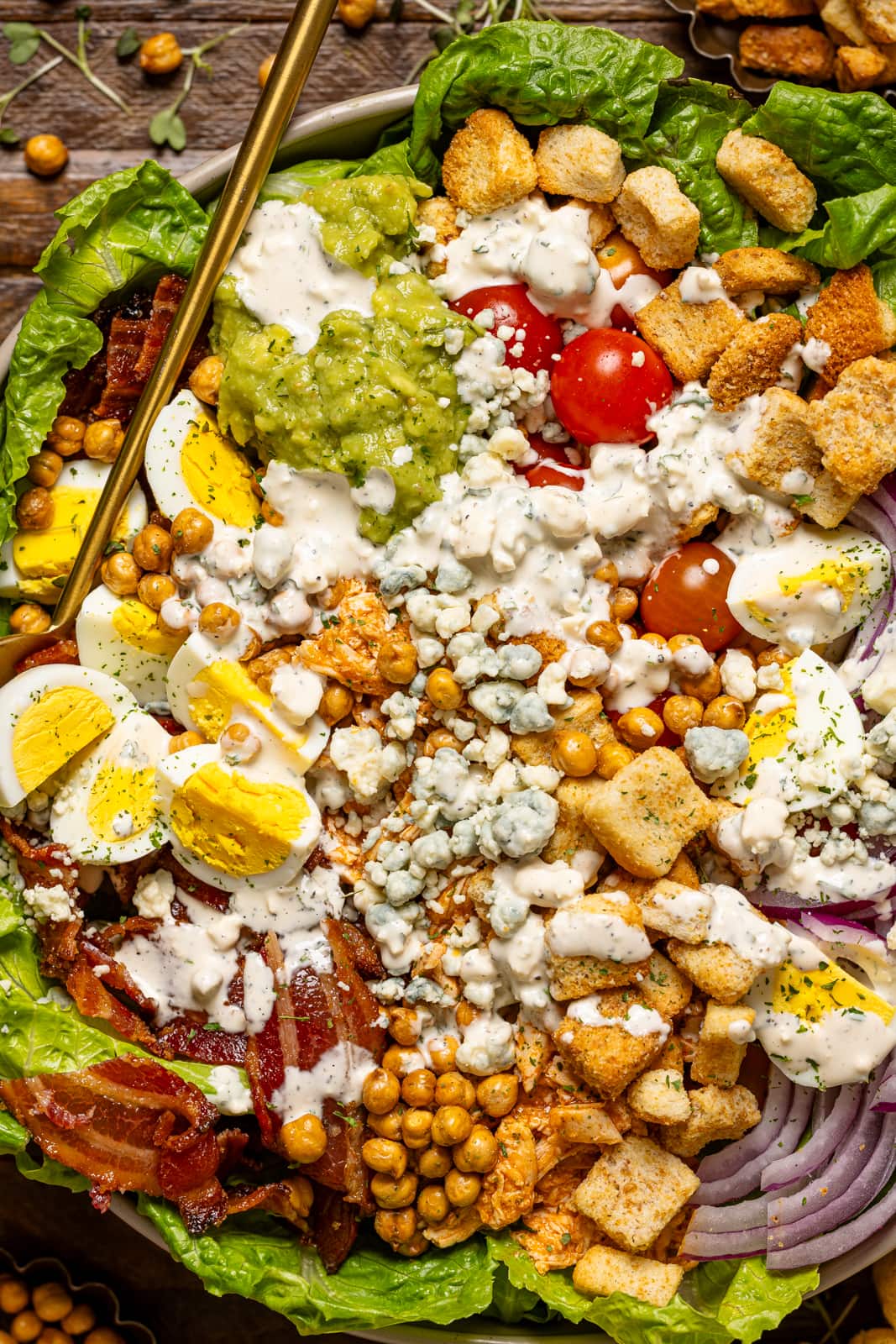 Up close shot of cobb salad. 