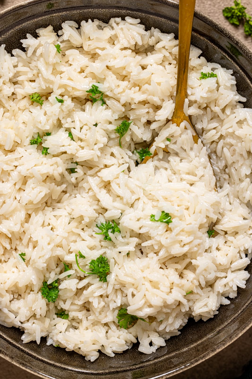 Up close shot of coconut rice in a bowl with a spoon.