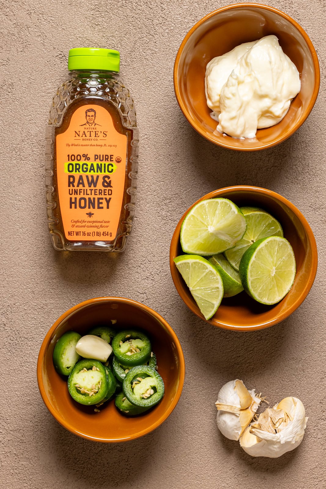 Ingredients on a brown/grey table.